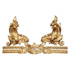 Pair of 19th Century French Louis XV Gilt Bronze Chenets with Matching Fender