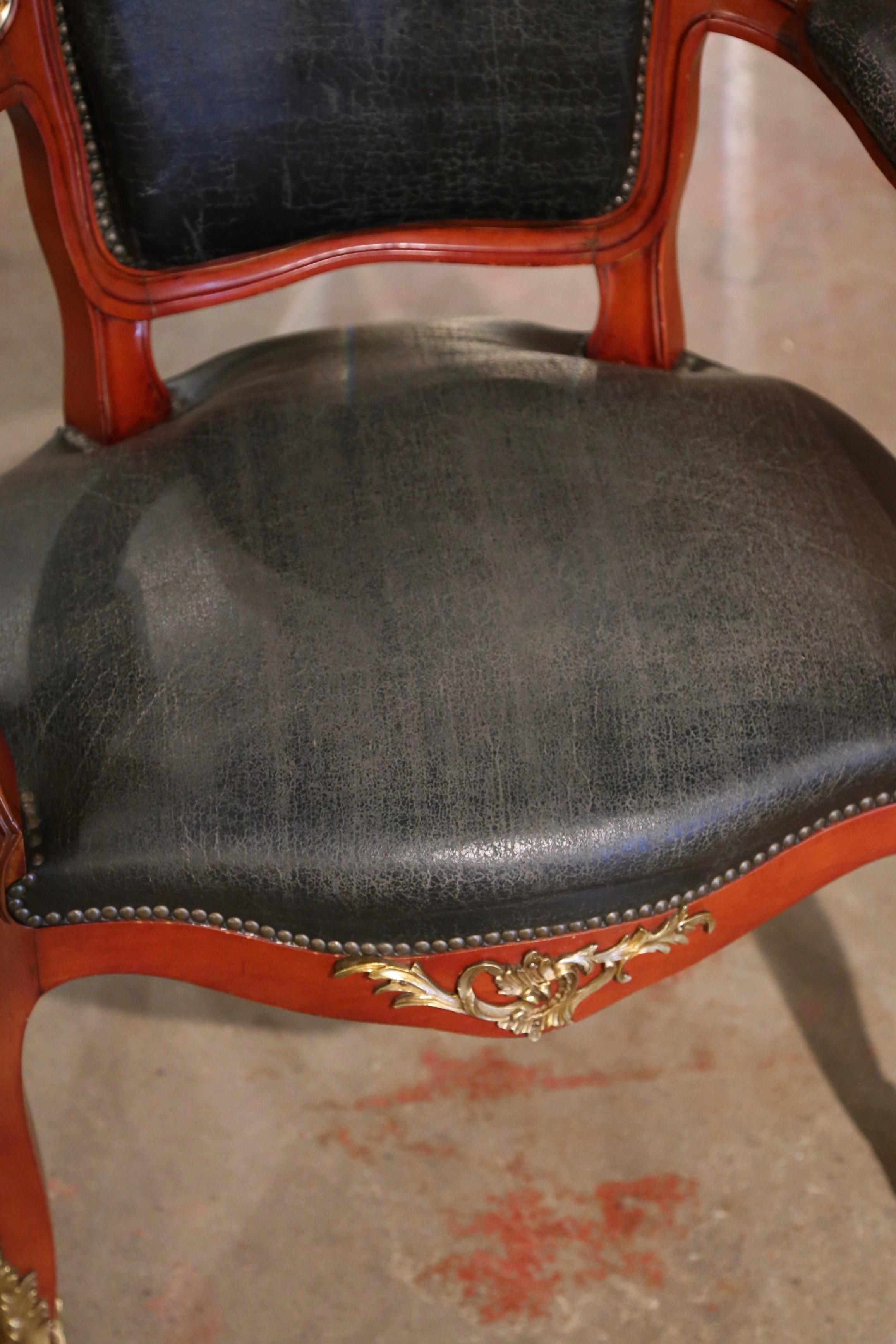 Pair of 19th Century French Louis XV Mahogany, Bronze and Leather Desk Armchairs For Sale 6