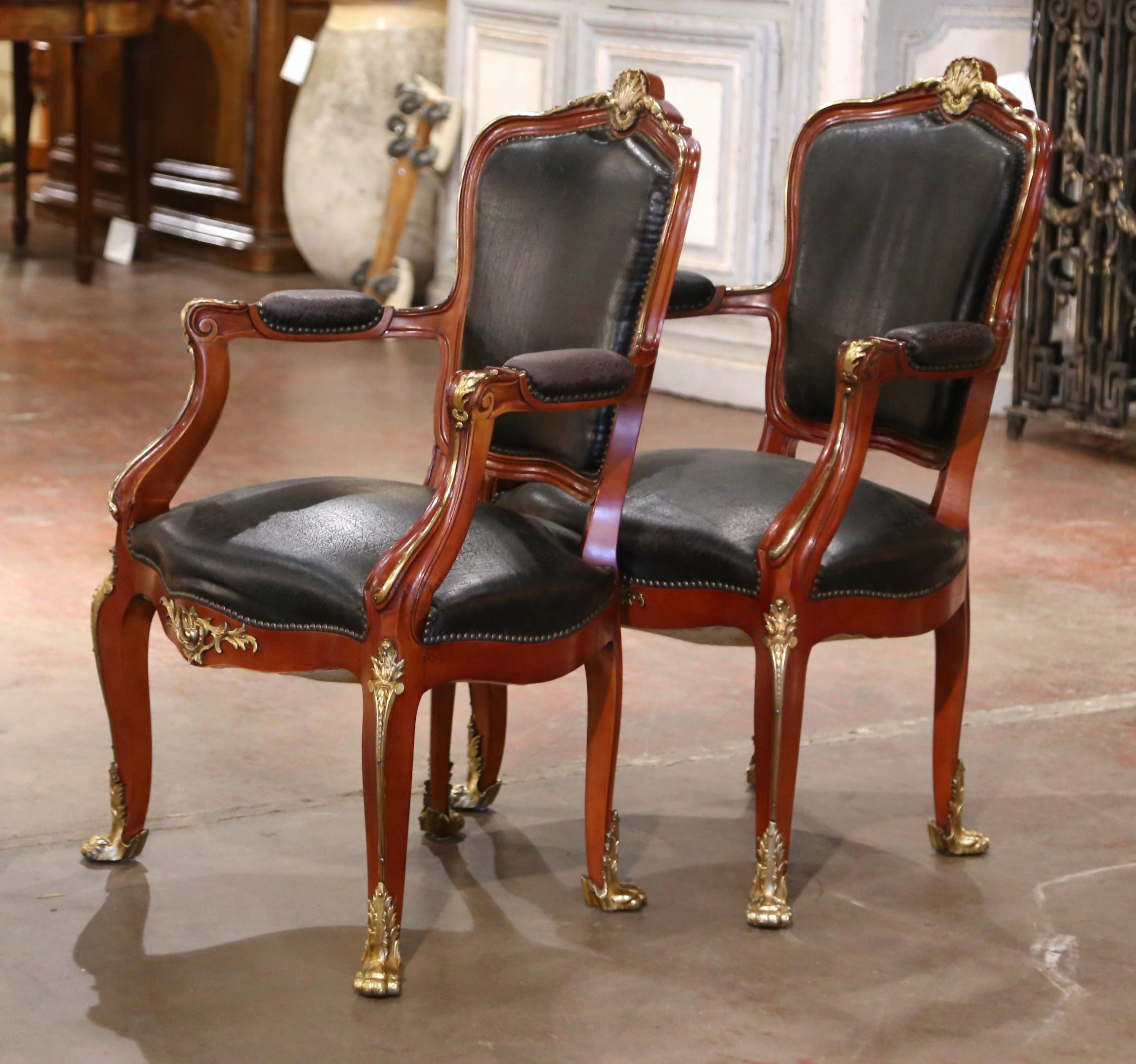 Pair of 19th Century French Louis XV Mahogany, Bronze and Leather Desk Armchairs For Sale 7