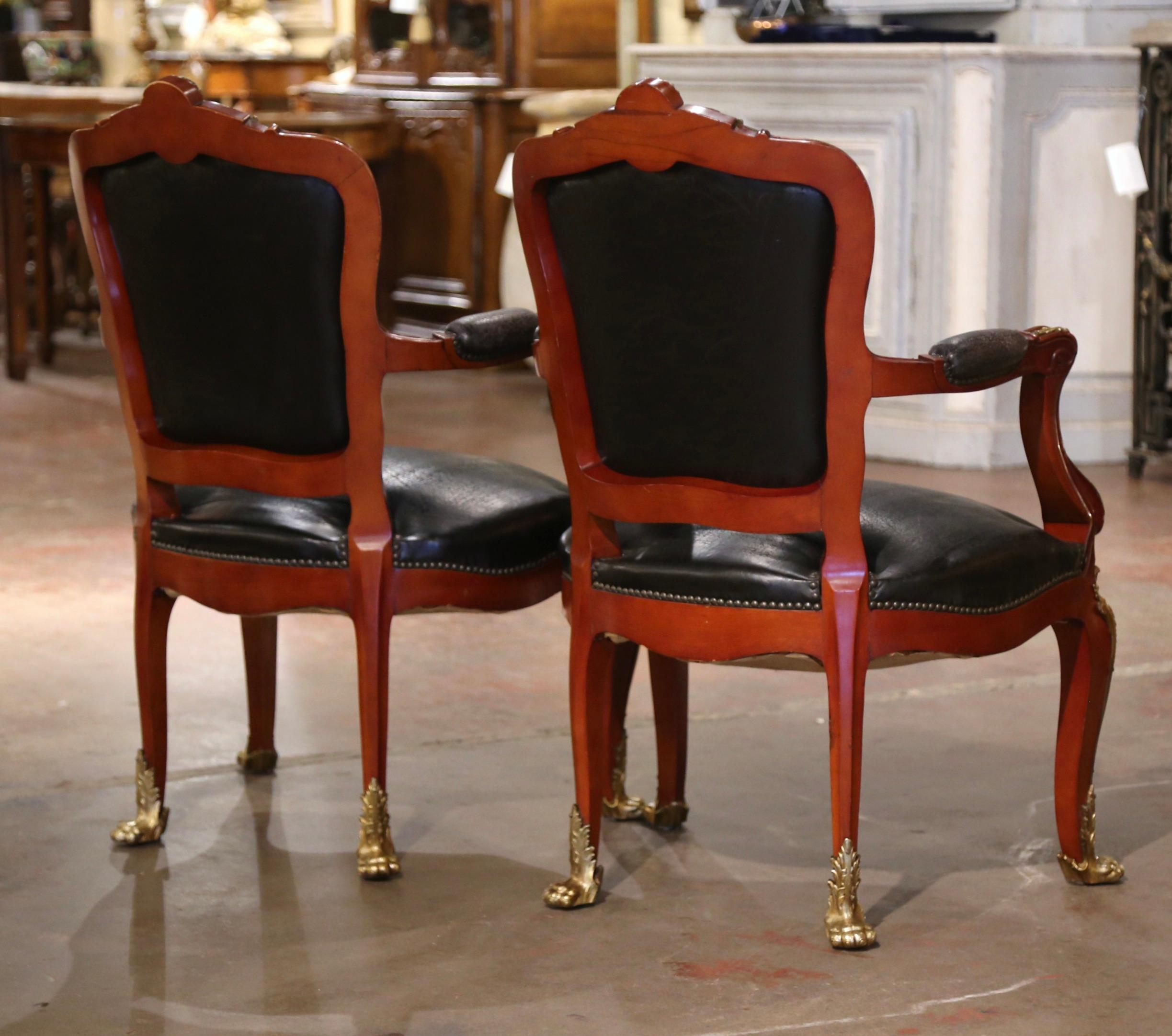 Pair of 19th Century French Louis XV Mahogany, Bronze and Leather Desk Armchairs For Sale 8