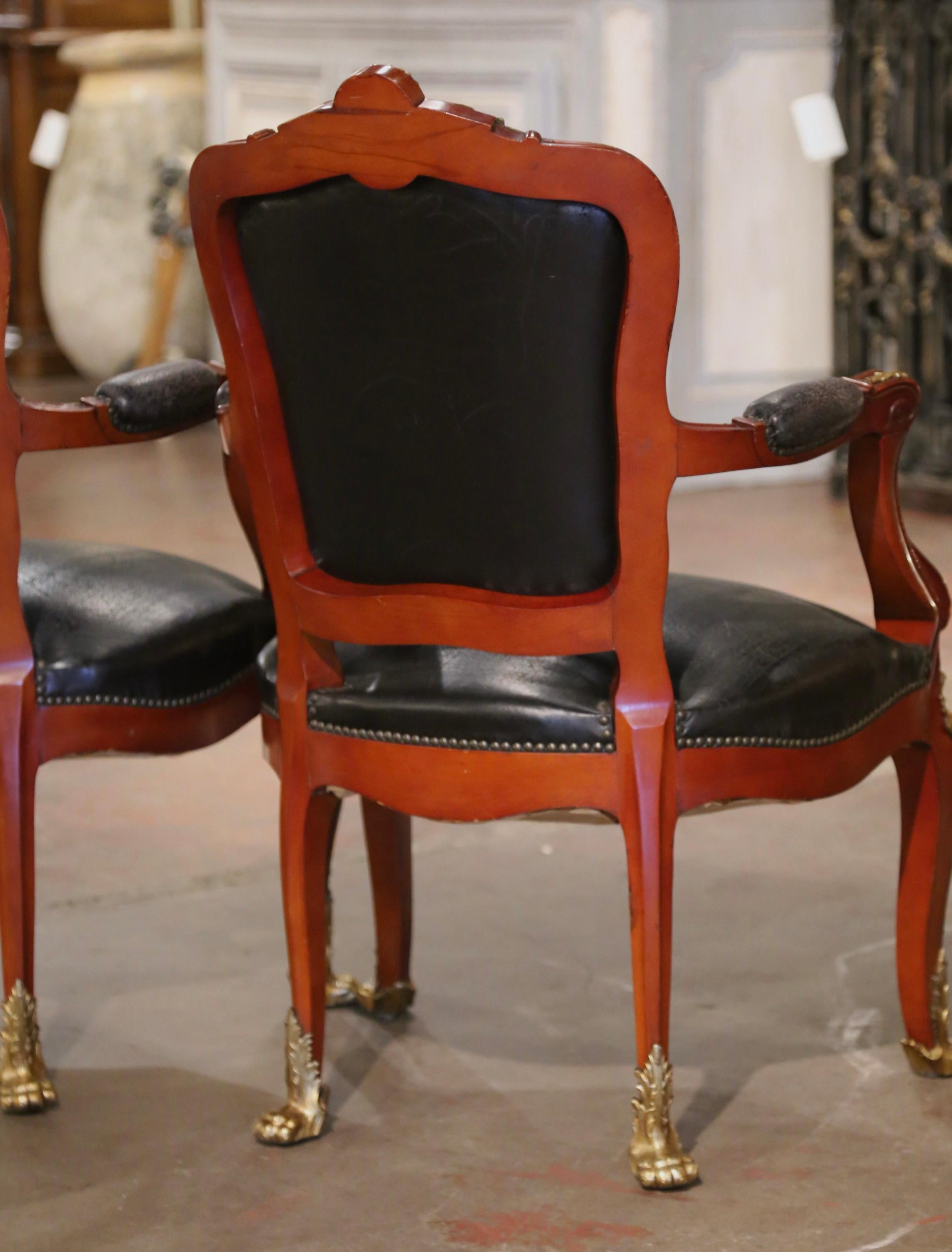 Pair of 19th Century French Louis XV Mahogany, Bronze and Leather Desk Armchairs For Sale 9