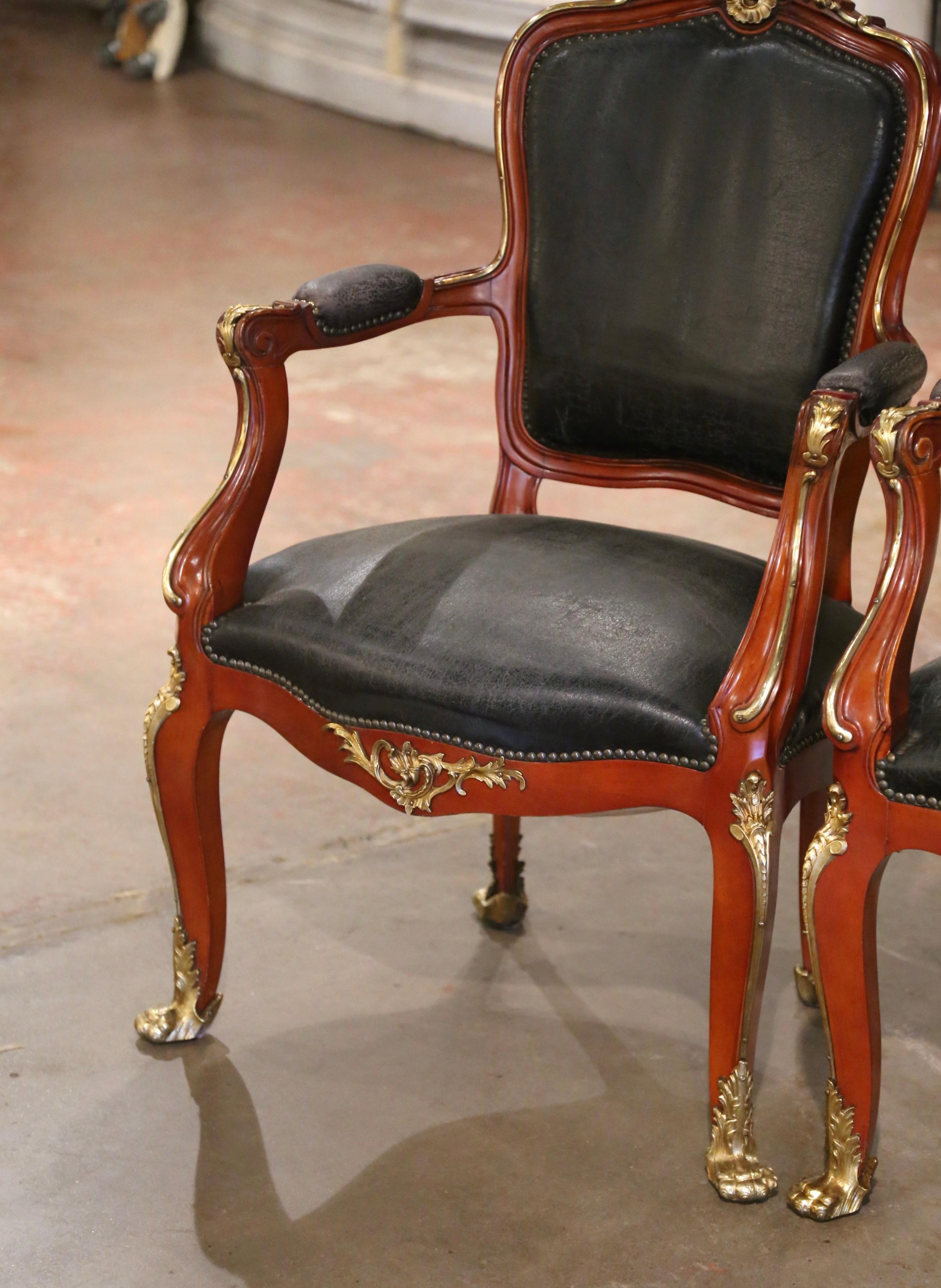 Hand-Carved Pair of 19th Century French Louis XV Mahogany, Bronze and Leather Desk Armchairs For Sale