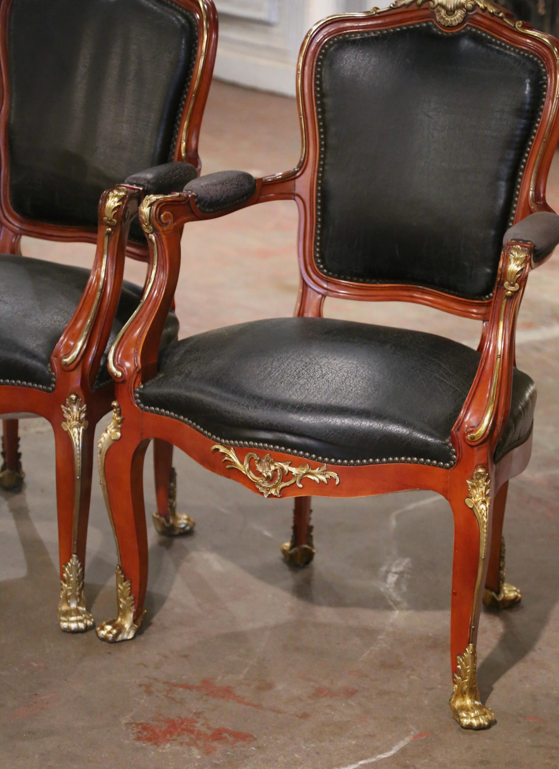 Pair of 19th Century French Louis XV Mahogany, Bronze and Leather Desk Armchairs In Fair Condition For Sale In Dallas, TX