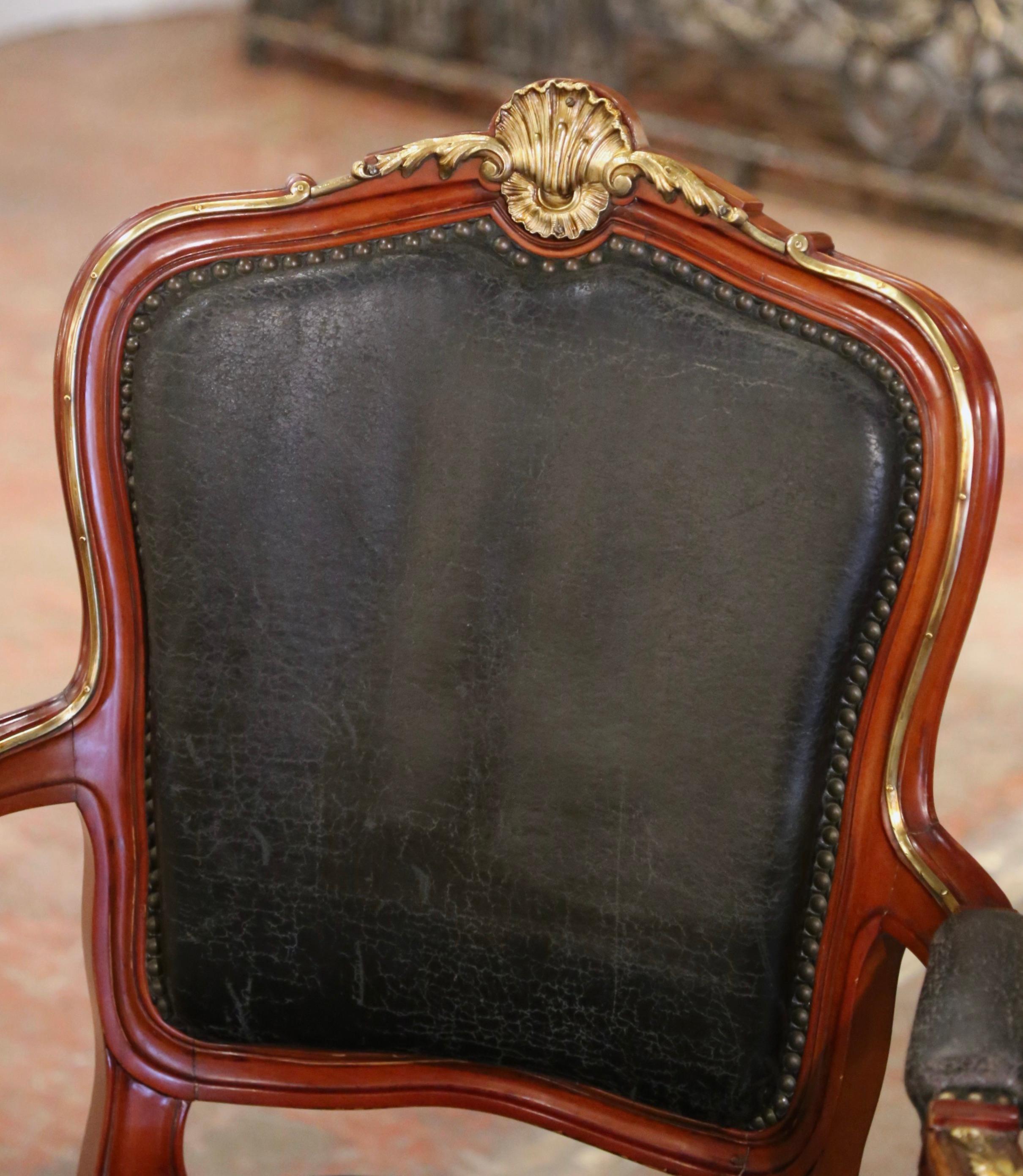 Pair of 19th Century French Louis XV Mahogany, Bronze and Leather Desk Armchairs For Sale 2
