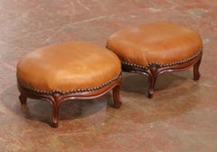 Pair of 19th Century French Louis XV Mahogany Footstools with Leather Tops