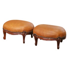 Pair of 19th Century French Louis XV Mahogany Footstools with Leather Tops