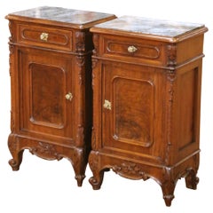 Pair of 19th Century French Louis XV Marble Top Carved Walnut Nightstands