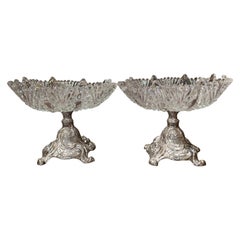 Antique Pair of 19th Century French Louis XV Pewter and Cut Crystal Compotes