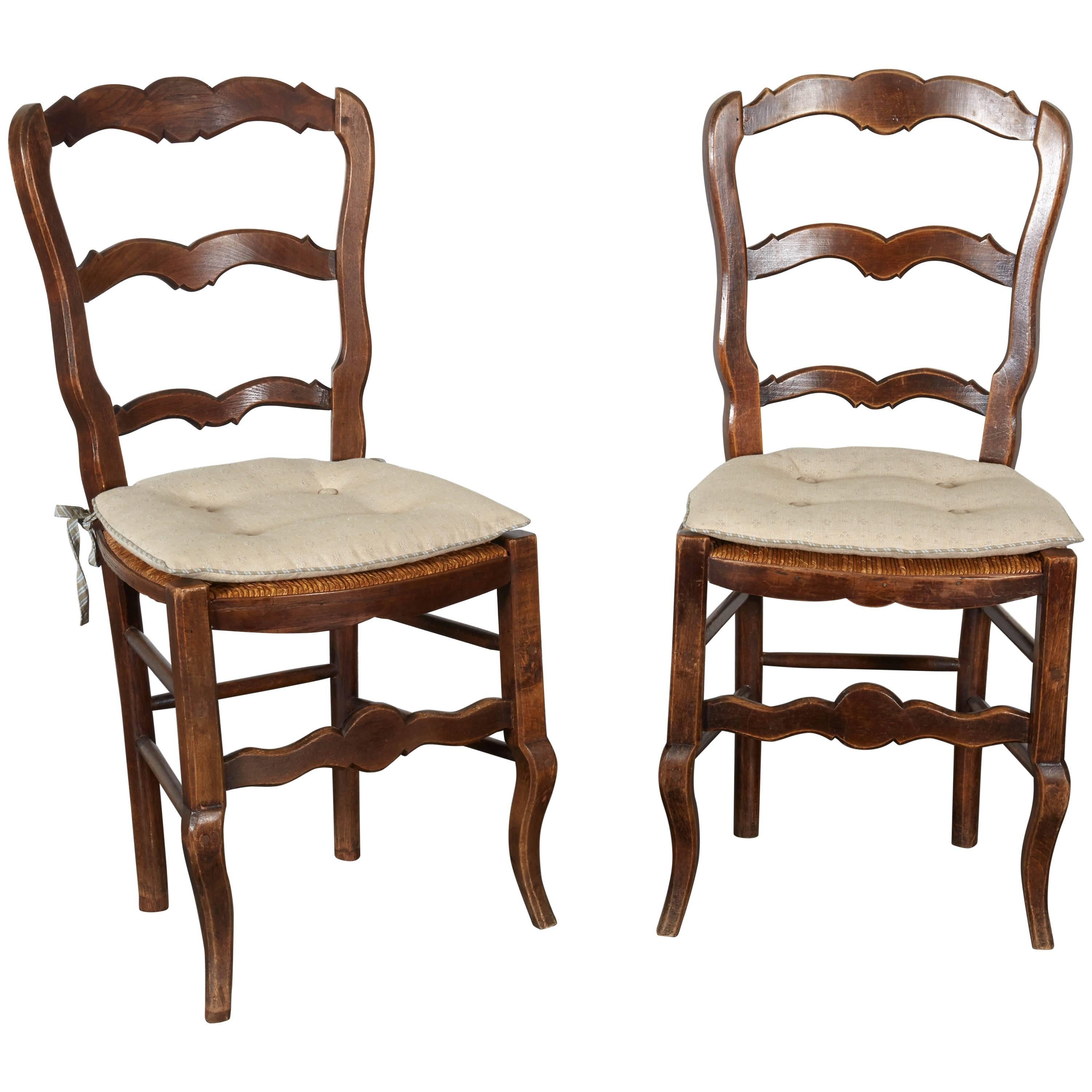 Pair of 19th Century French Louis XV Provincial Walnut Rush-Bottomed Side Chairs