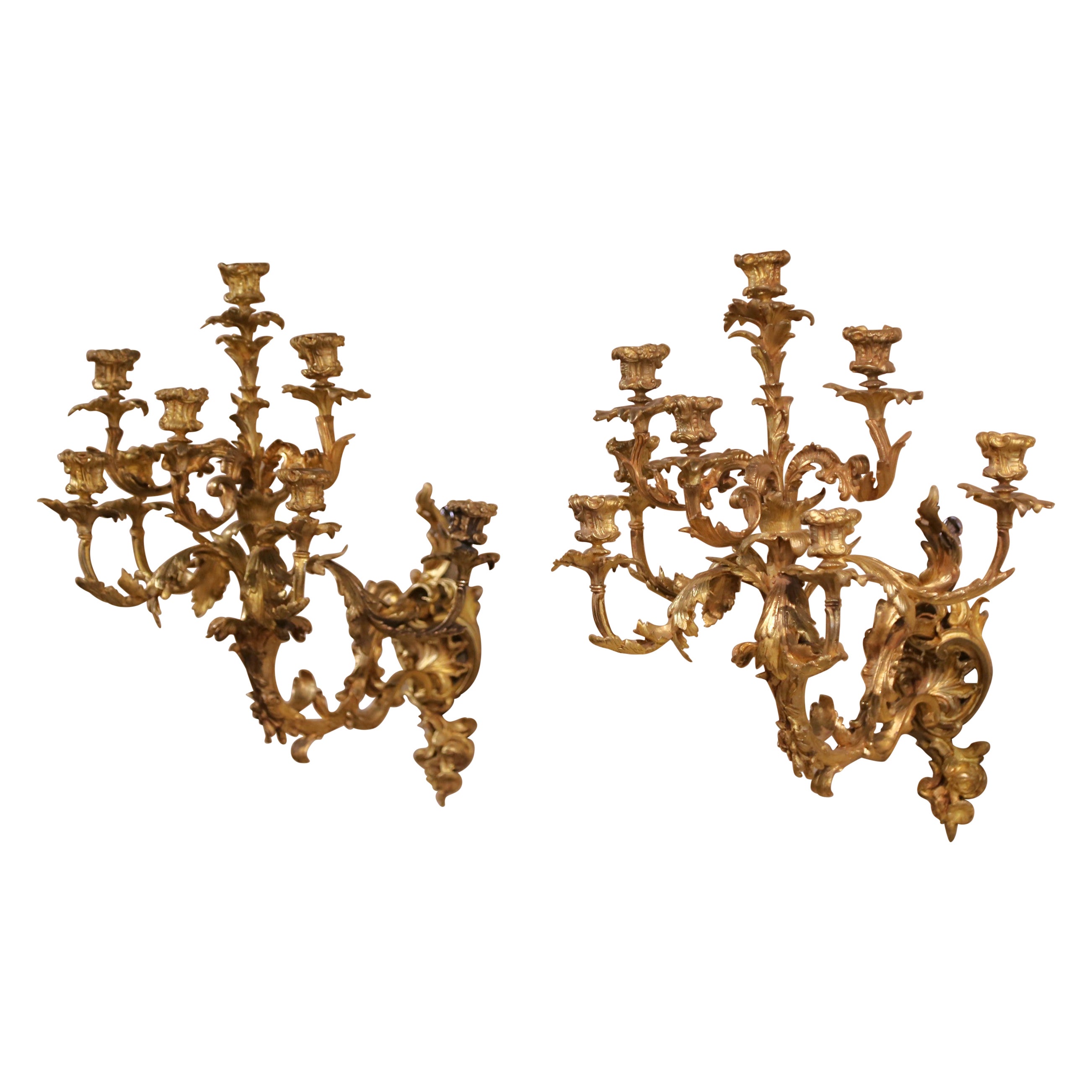 Pair of 19th Century French Louis XV Rococo Bronze Dore Eight-Light Wall Sconces For Sale