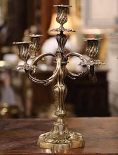 Pair of 19th Century French Louis XV Silvered Bronze Five-Arm Candelabras