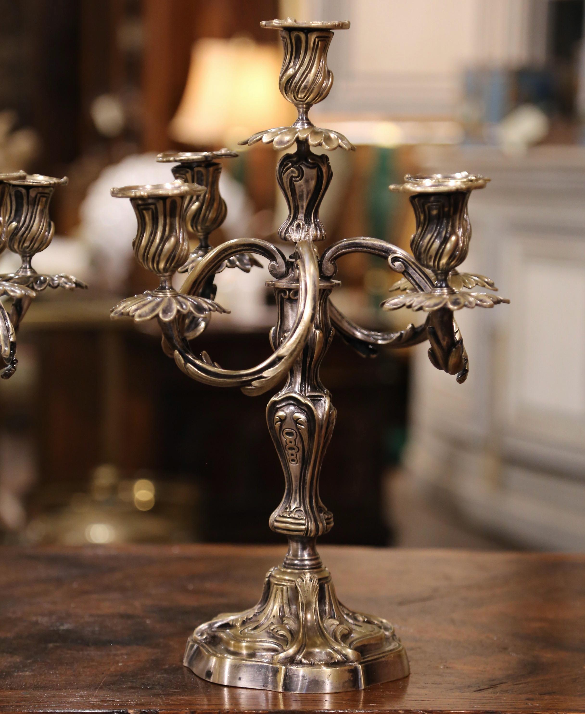 Napoleon III Pair of 19th Century French Louis XV Silvered Bronze Five-Arm Candelabras