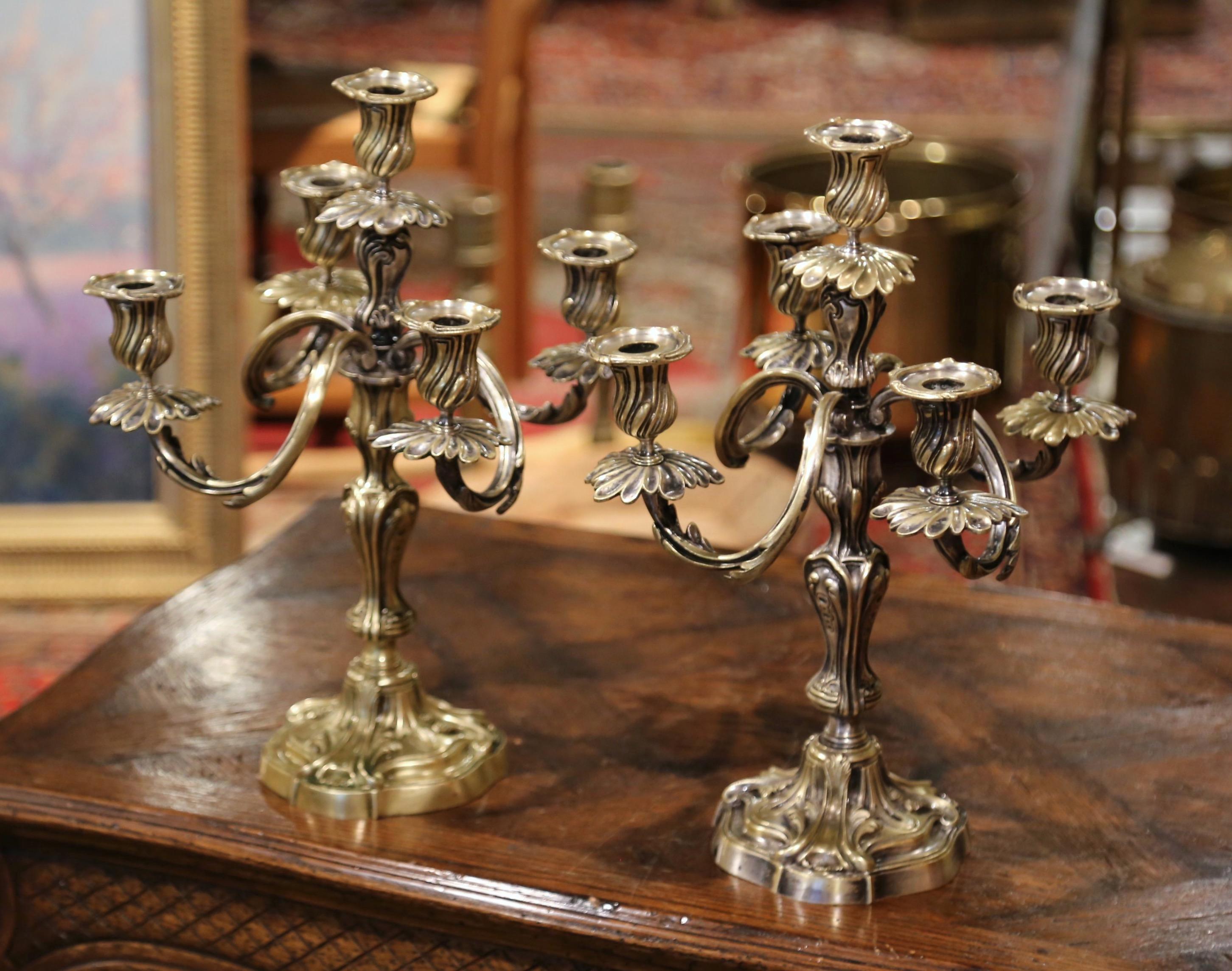 Hand-Crafted Pair of 19th Century French Louis XV Silvered Bronze Five-Arm Candelabras