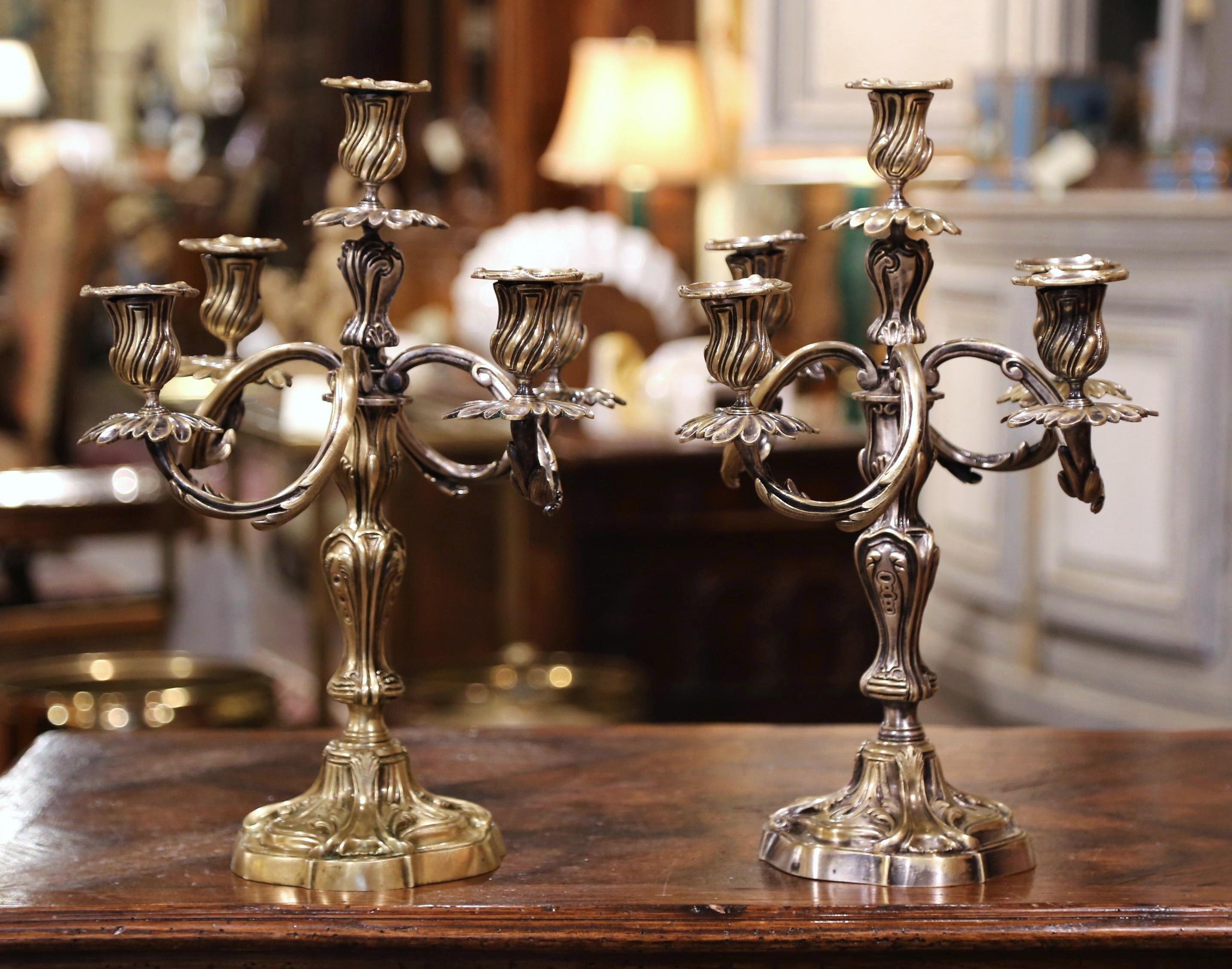 Pair of 19th Century French Louis XV Silvered Bronze Five-Arm Candelabras In Excellent Condition In Dallas, TX