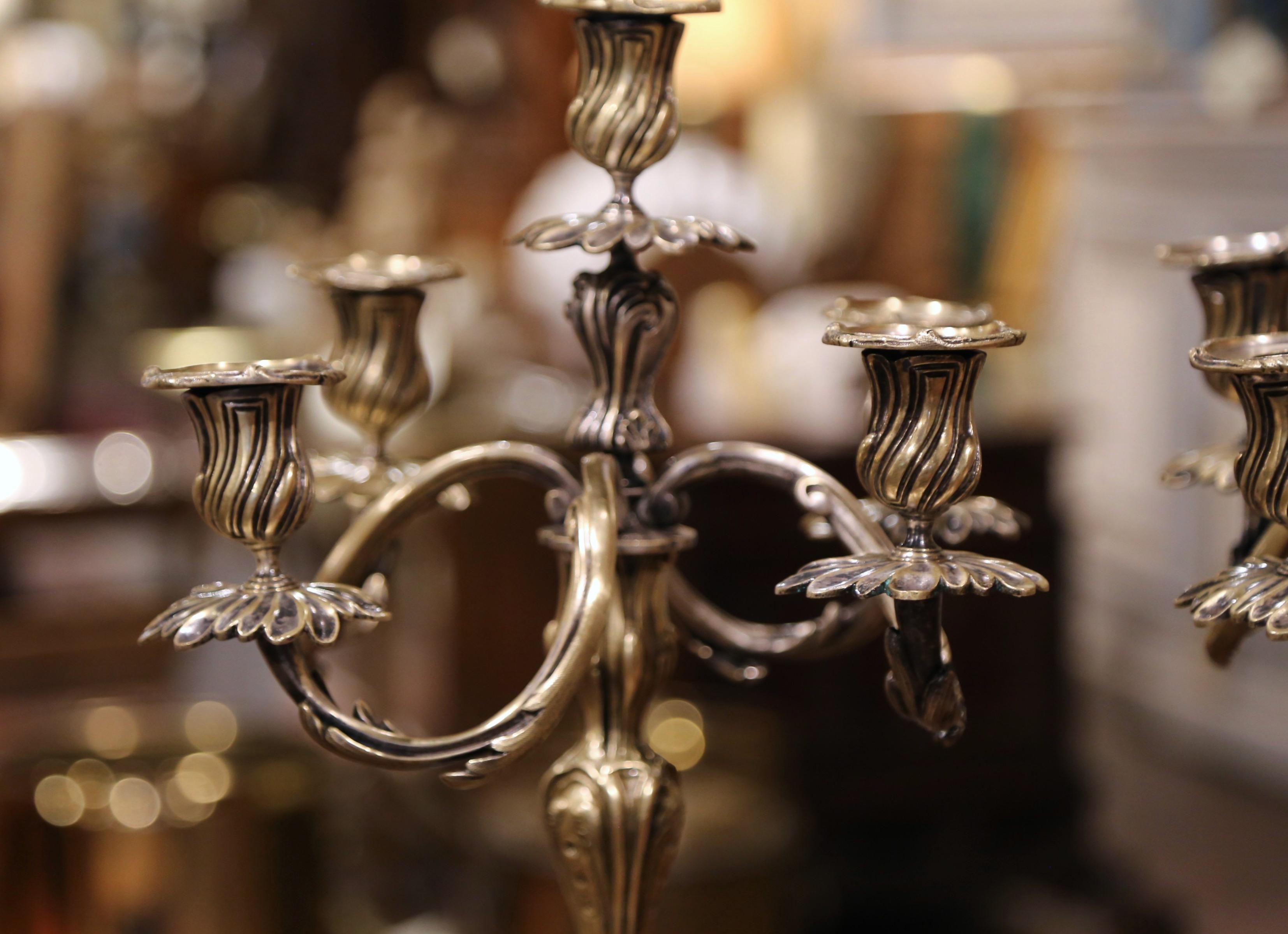Pair of 19th Century French Louis XV Silvered Bronze Five-Arm Candelabras 1