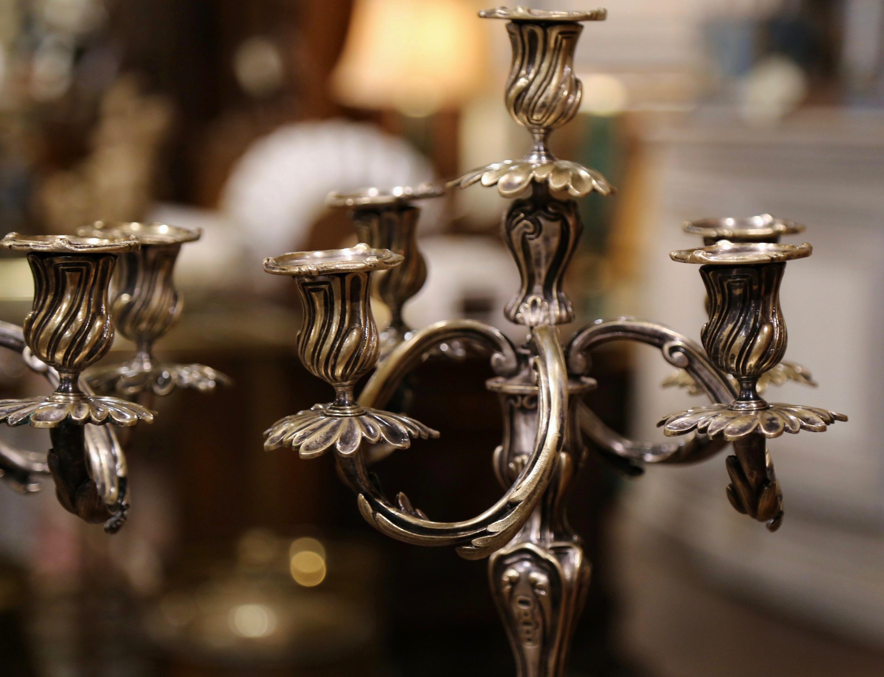 Pair of 19th Century French Louis XV Silvered Bronze Five-Arm Candelabras 2