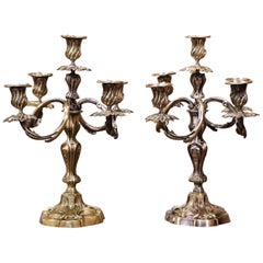Pair of 19th Century French Louis XV Silvered Bronze Five-Arm Candelabras