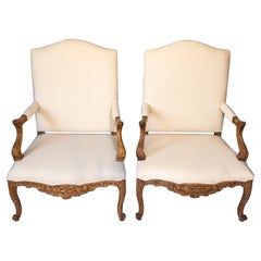 Pair of 19th Century French Louis XV Style Carved Wooden Arm Chairs