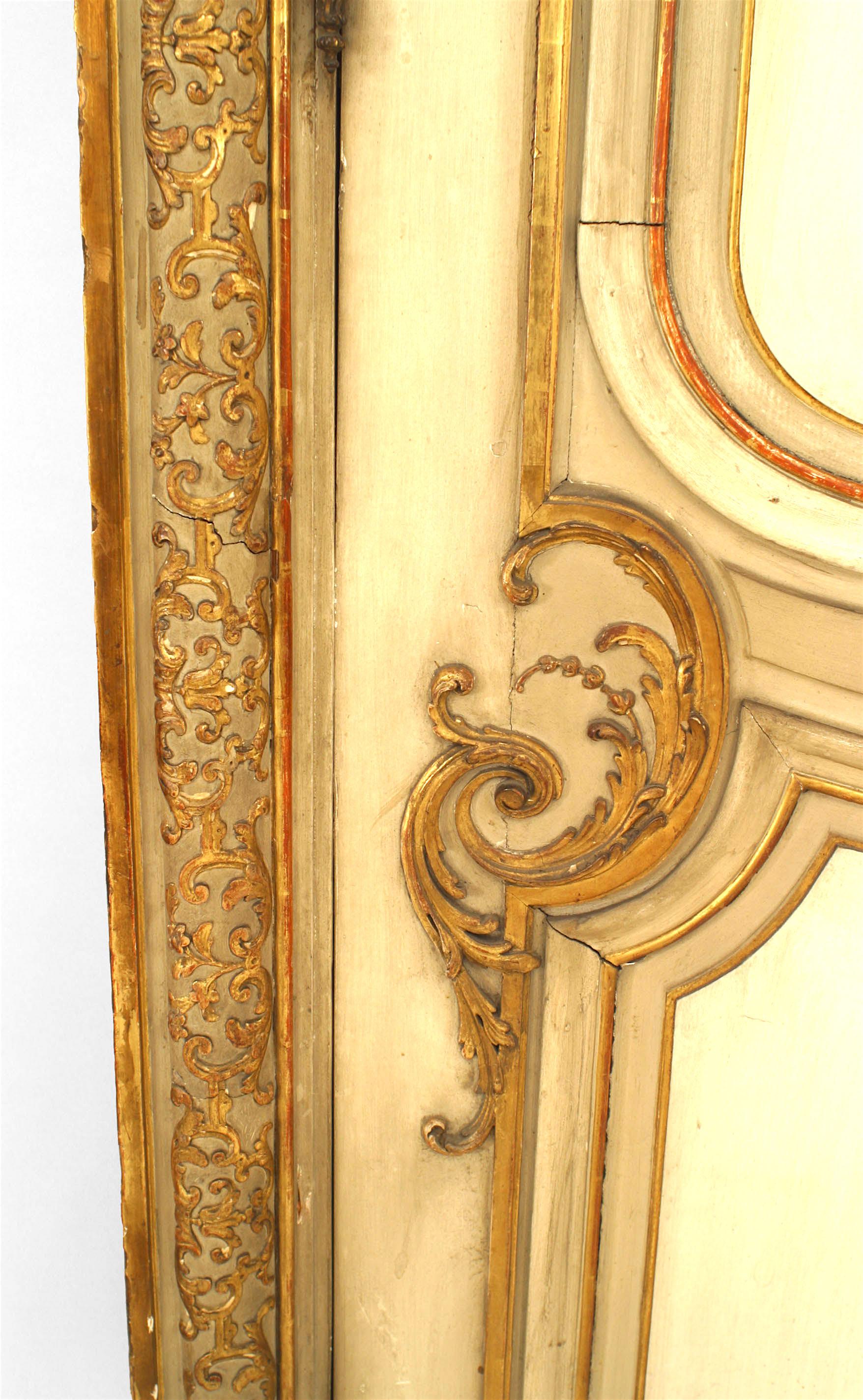 Wood Pair of French Louis XV Style White and Gold Painted Doors For Sale