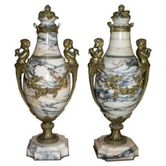 Pair of 19th Century French Louis XV Style Marble and Bronze Urns