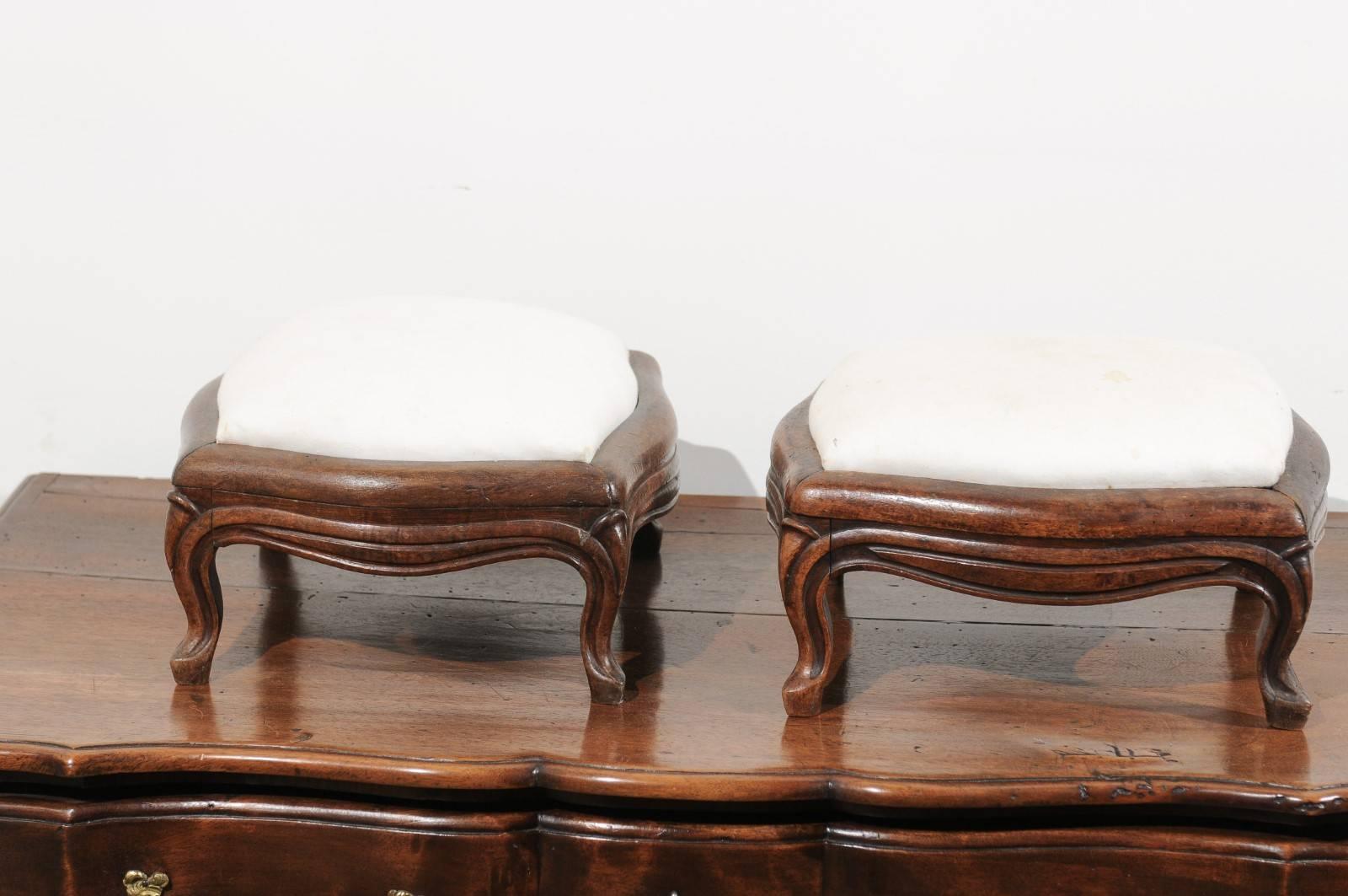 Pair of 19th Century French Louis XV Style Walnut Upholstered Footstools 6