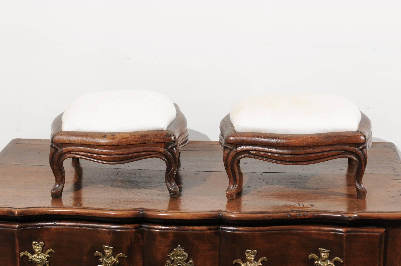 Pair of 19th Century French Louis XV Style Walnut Upholstered Footstools In Good Condition In Atlanta, GA