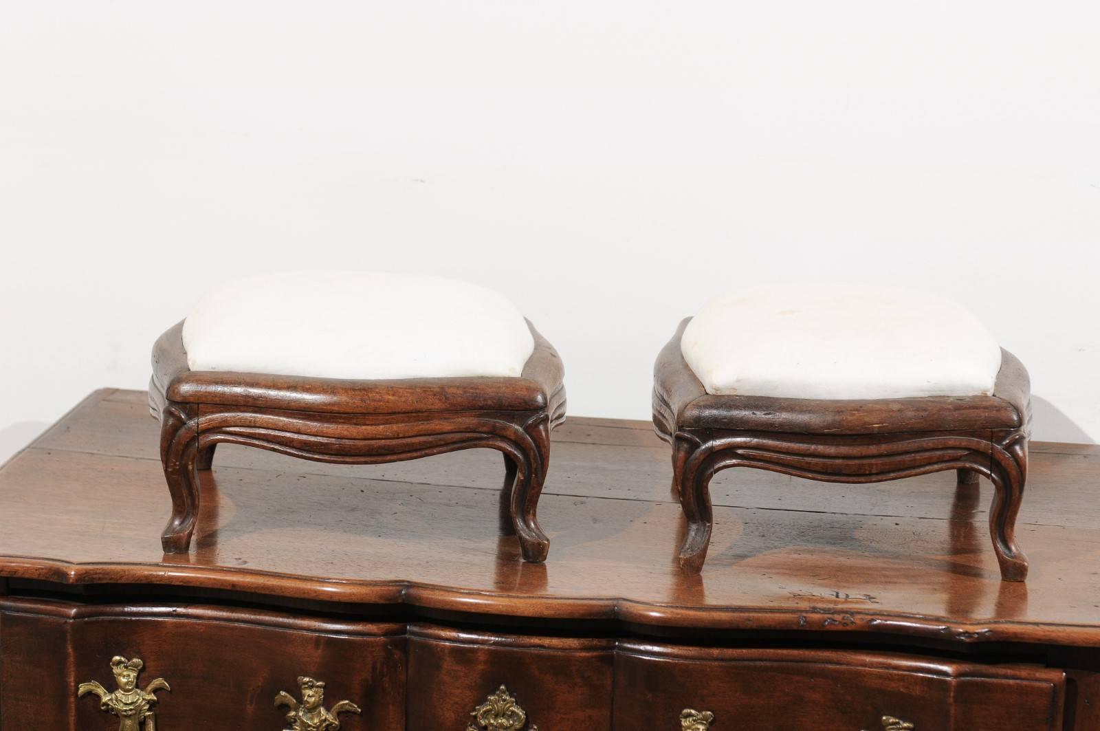Upholstery Pair of 19th Century French Louis XV Style Walnut Upholstered Footstools
