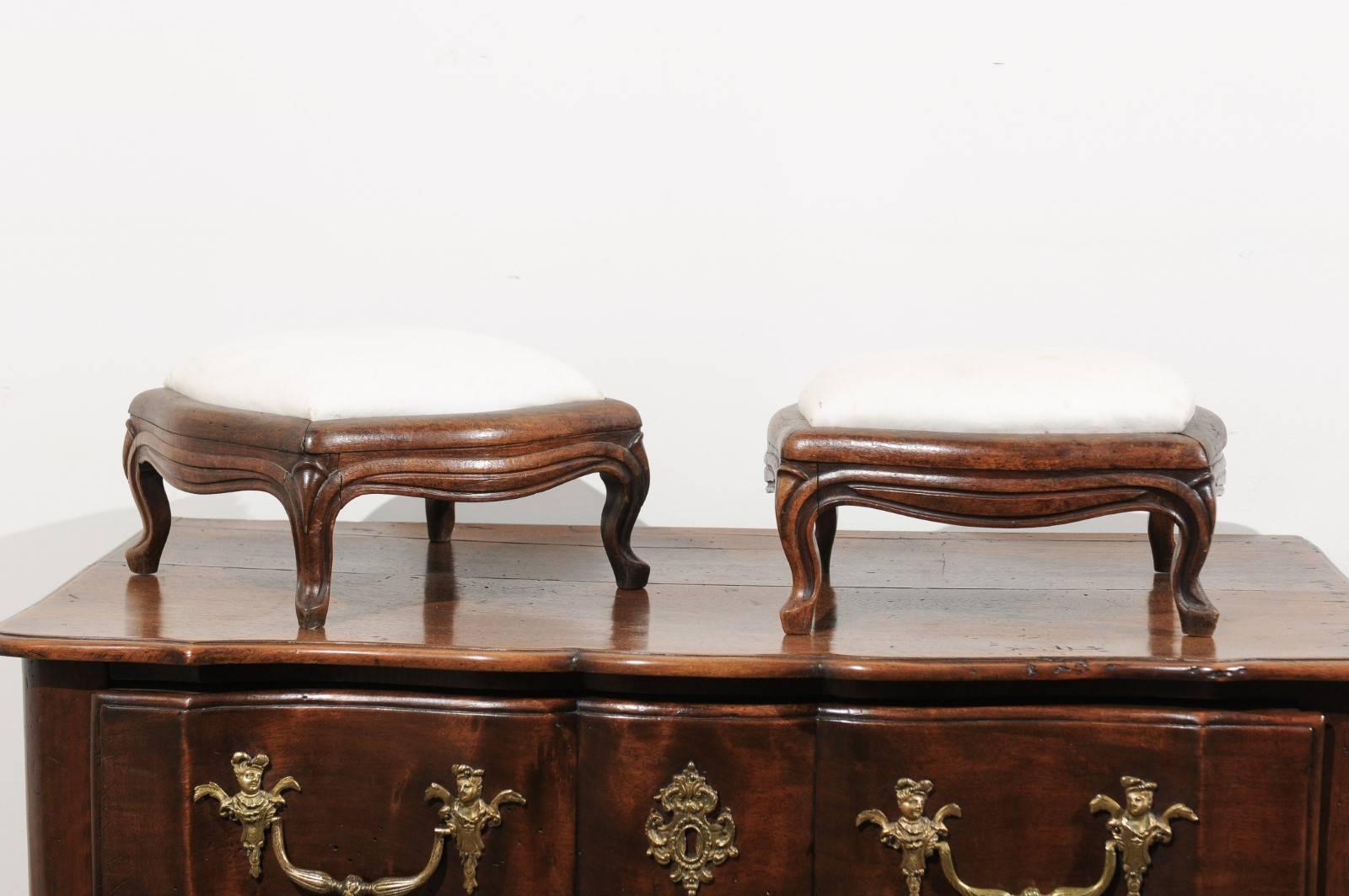 Pair of 19th Century French Louis XV Style Walnut Upholstered Footstools 2