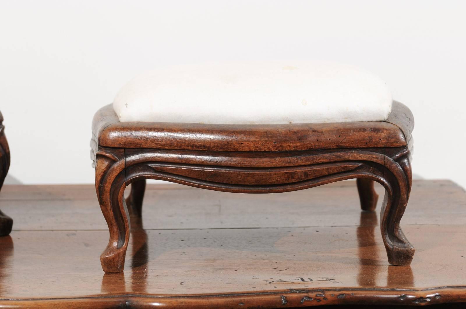 Pair of 19th Century French Louis XV Style Walnut Upholstered Footstools 5