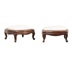 Pair of 19th Century French Louis XV Style Walnut Upholstered Footstools