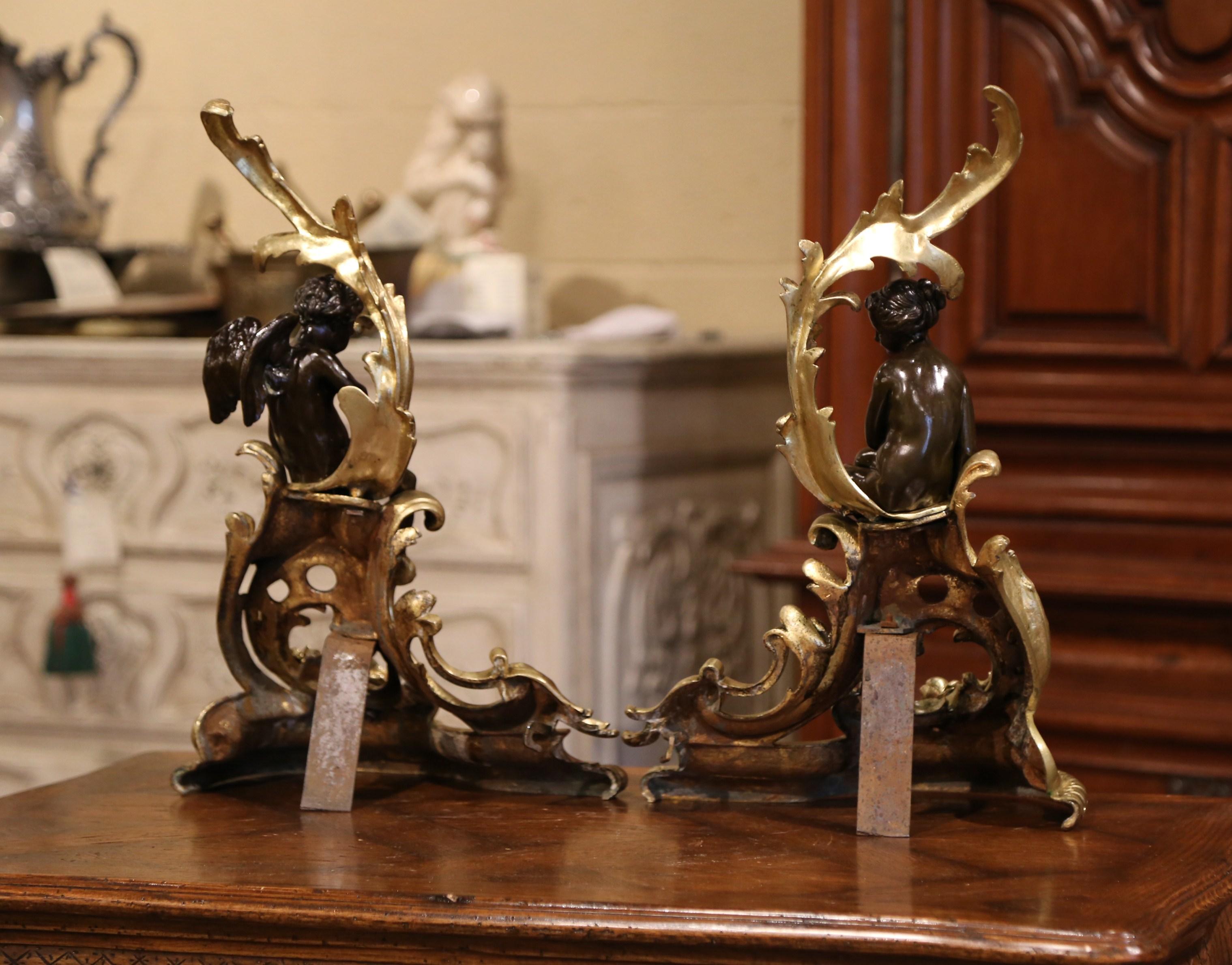 Pair of 19th Century French Louis XV Two-Tone Bronze Andirons with Figures 6