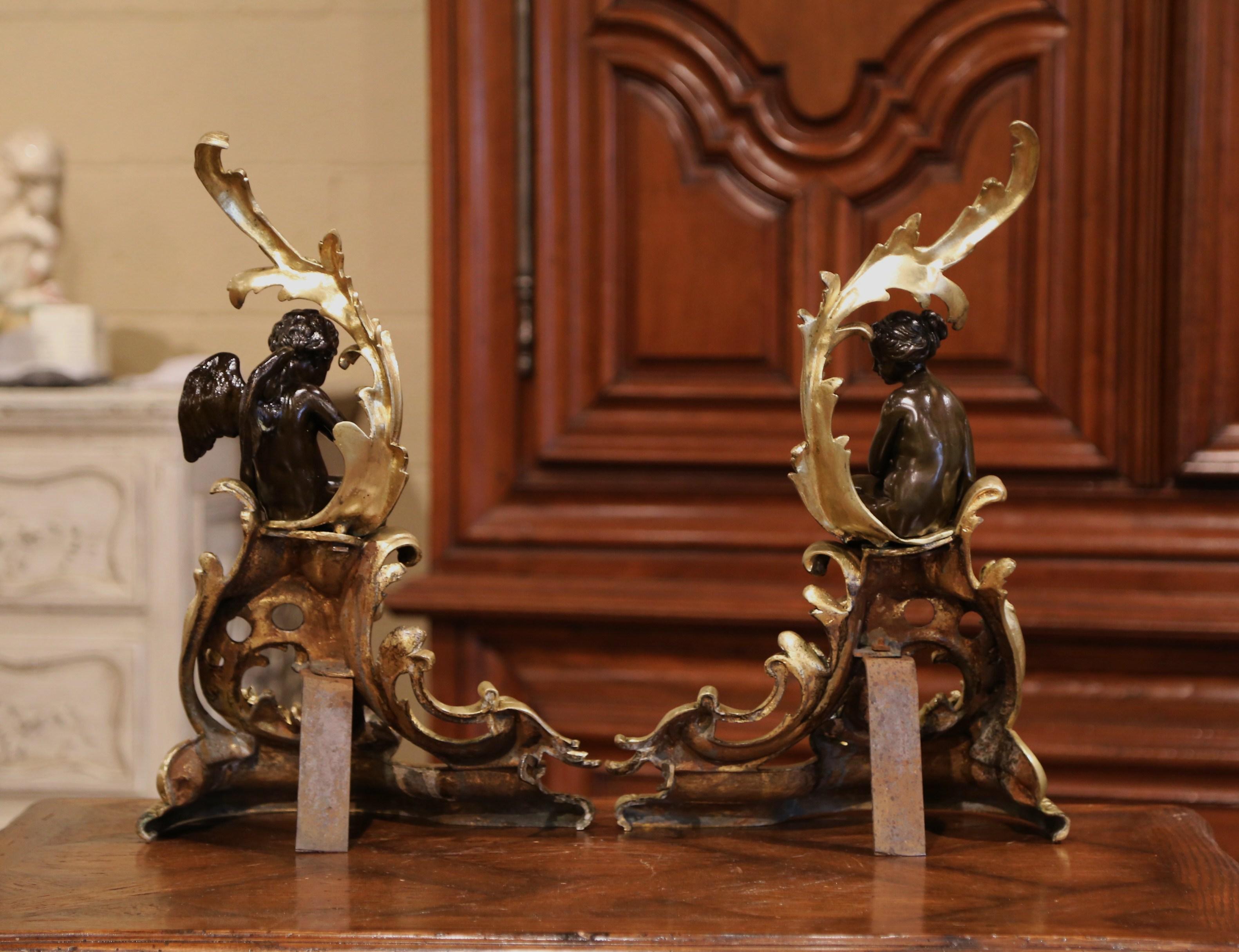 Pair of 19th Century French Louis XV Two-Tone Bronze Andirons with Figures 7