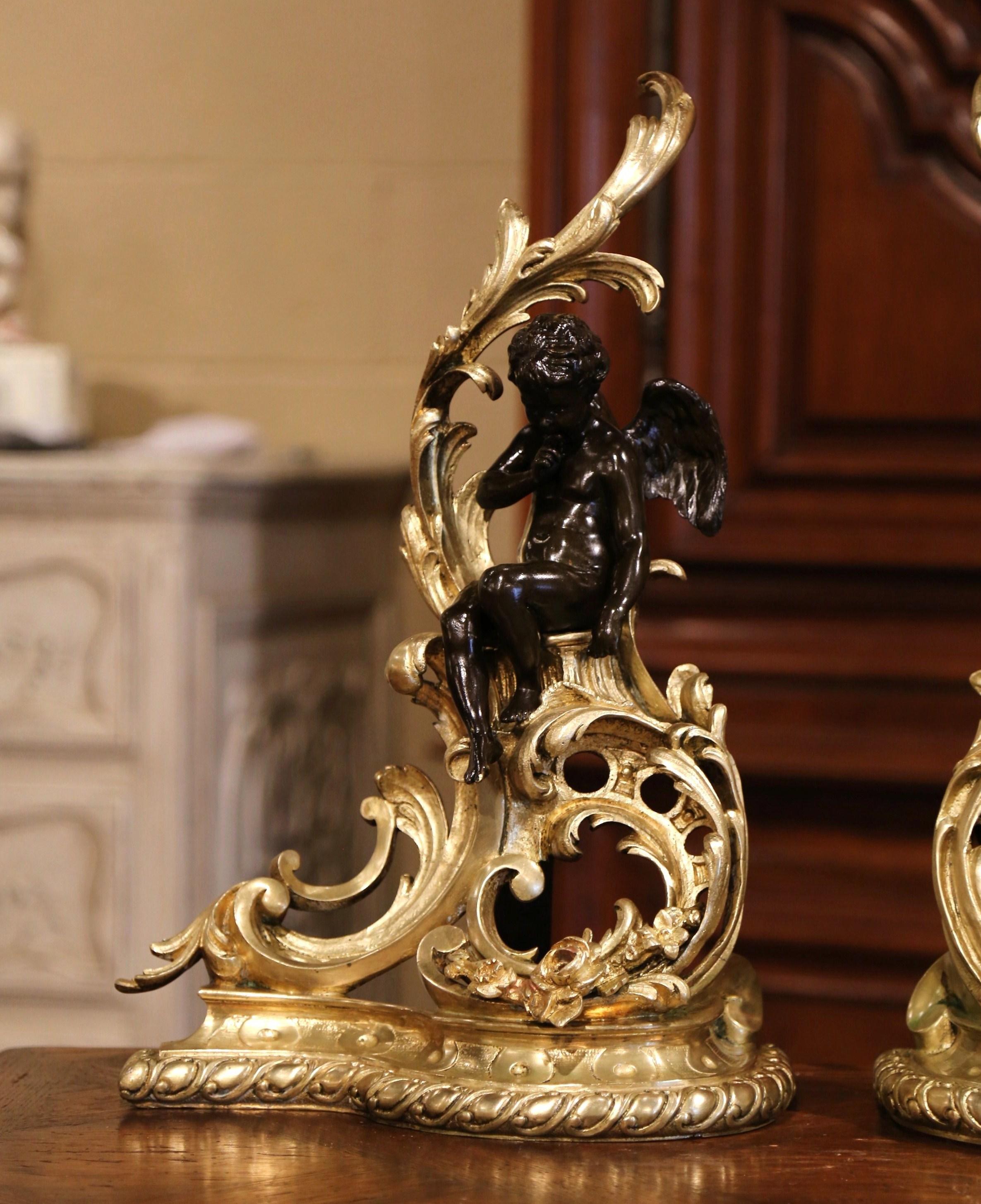 Gilt Pair of 19th Century French Louis XV Two-Tone Bronze Andirons with Figures