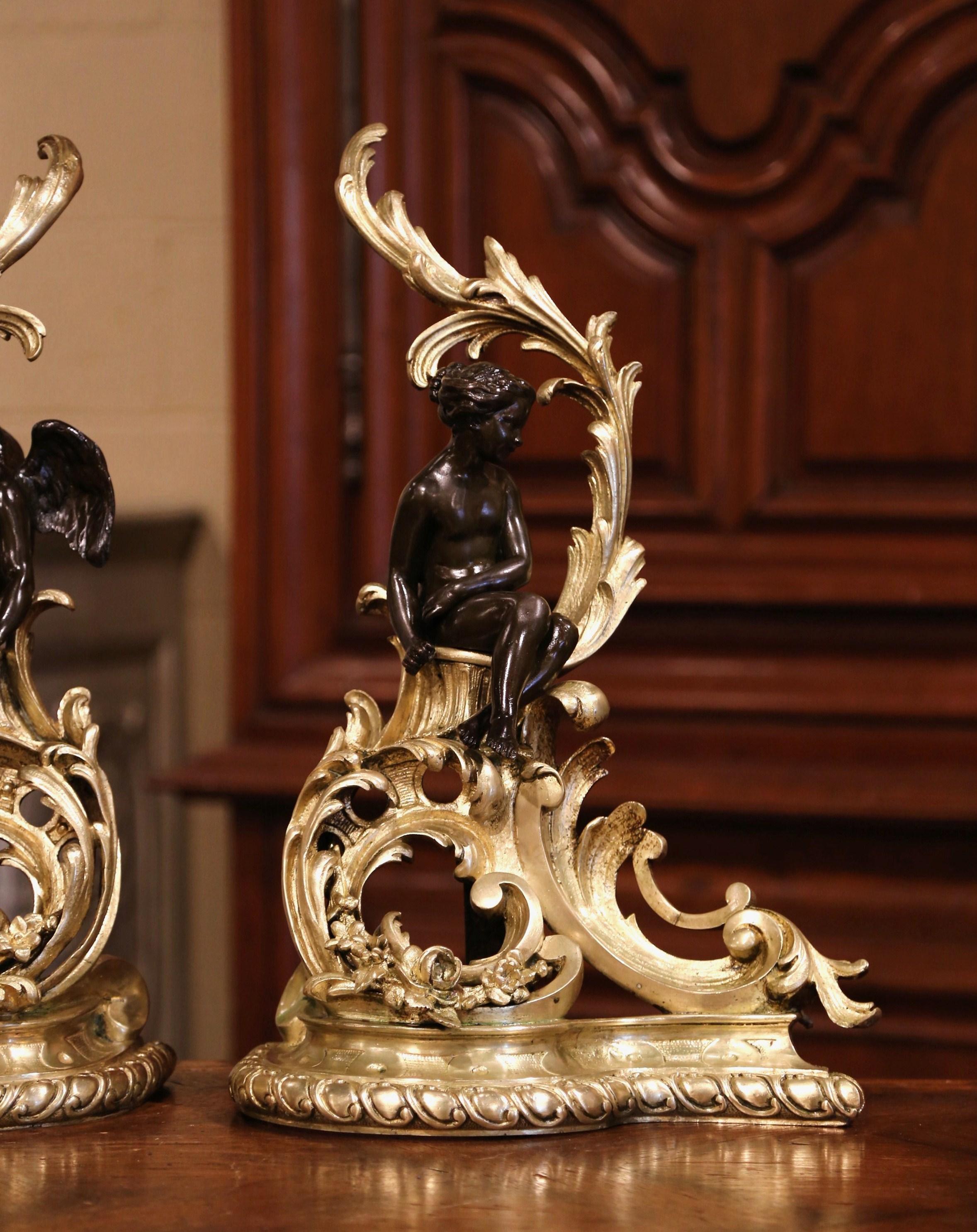 Pair of 19th Century French Louis XV Two-Tone Bronze Andirons with Figures In Excellent Condition In Dallas, TX