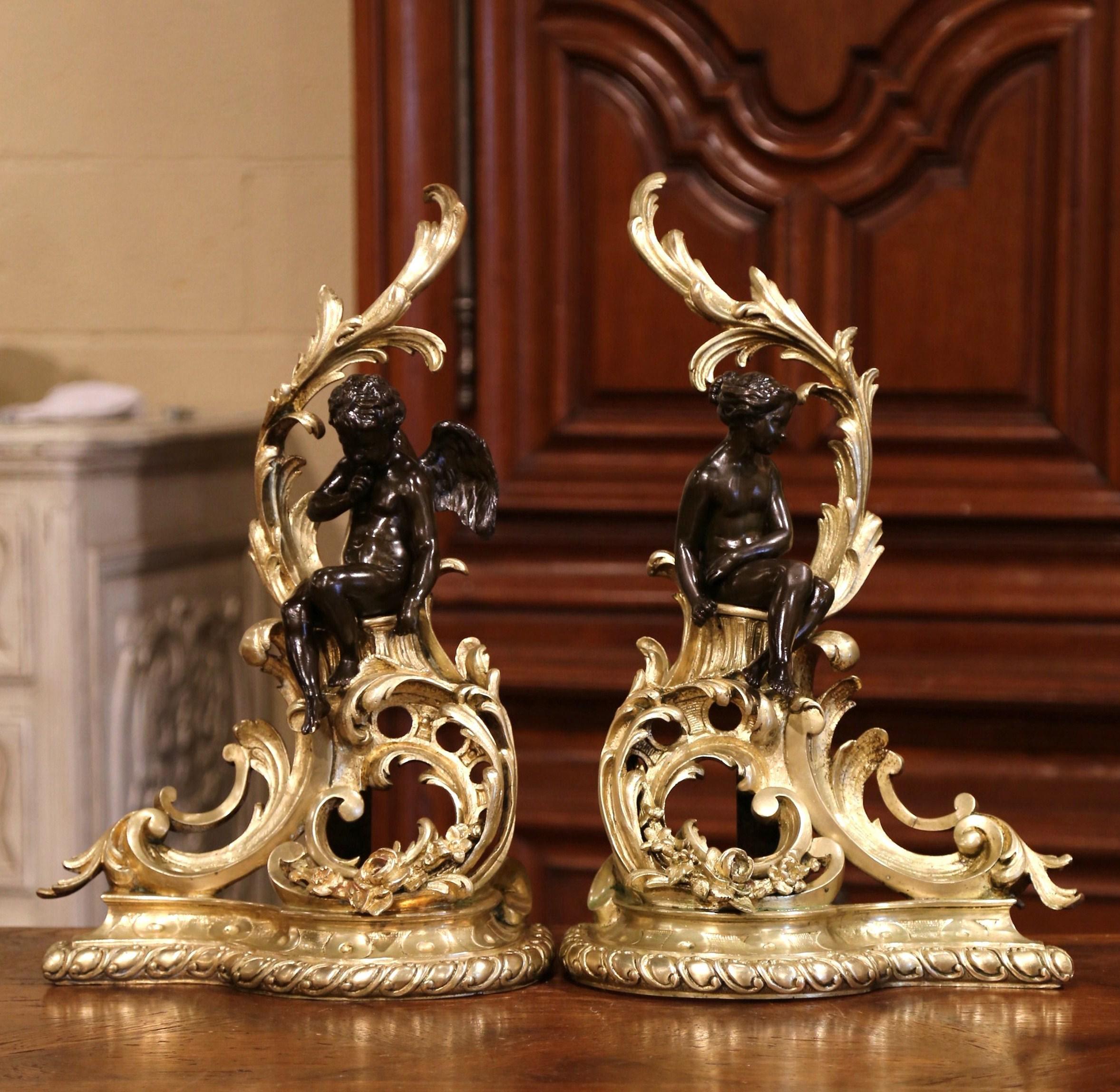 Pair of 19th Century French Louis XV Two-Tone Bronze Andirons with Figures 1