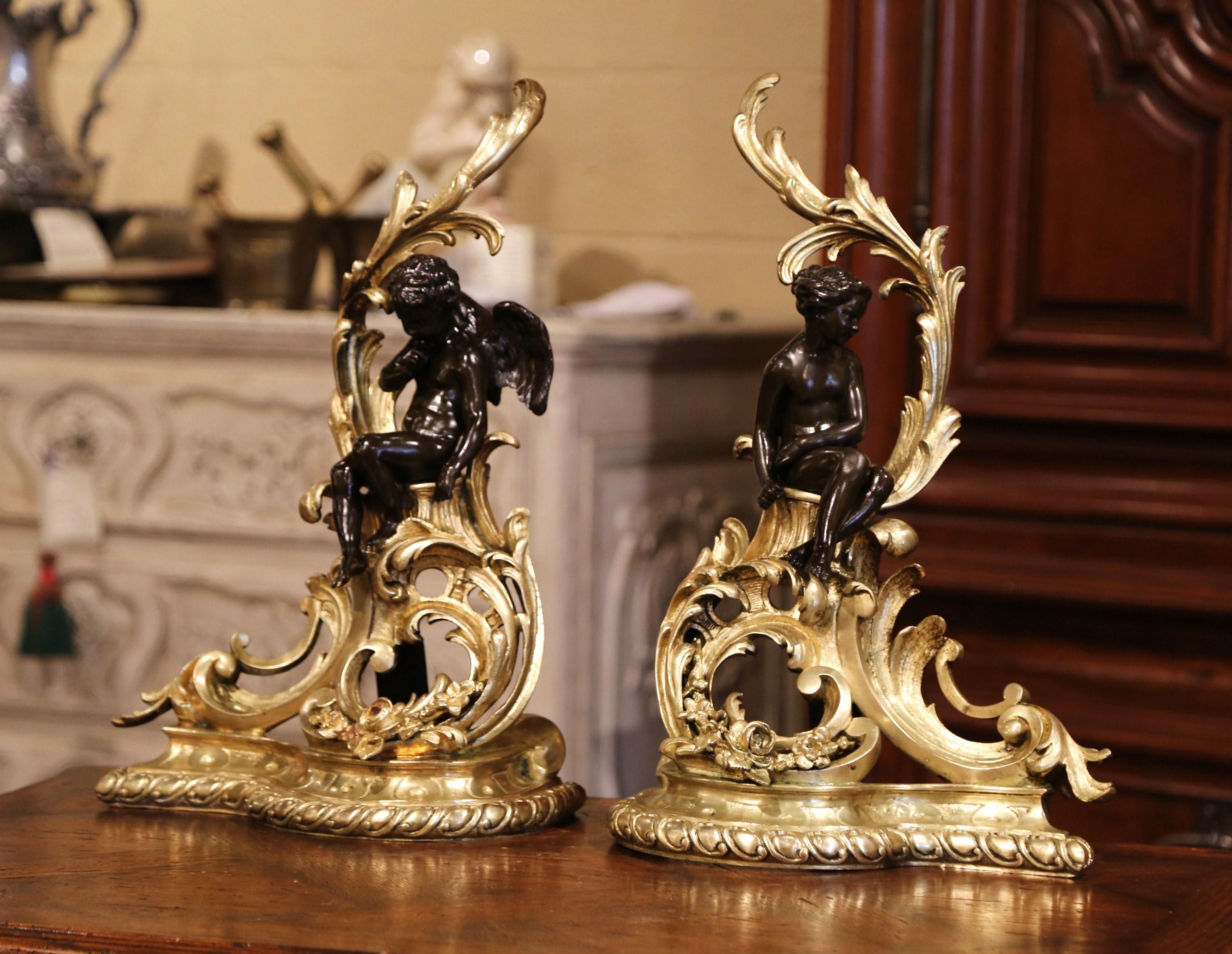 Pair of 19th Century French Louis XV Two-Tone Bronze Andirons with Figures 4