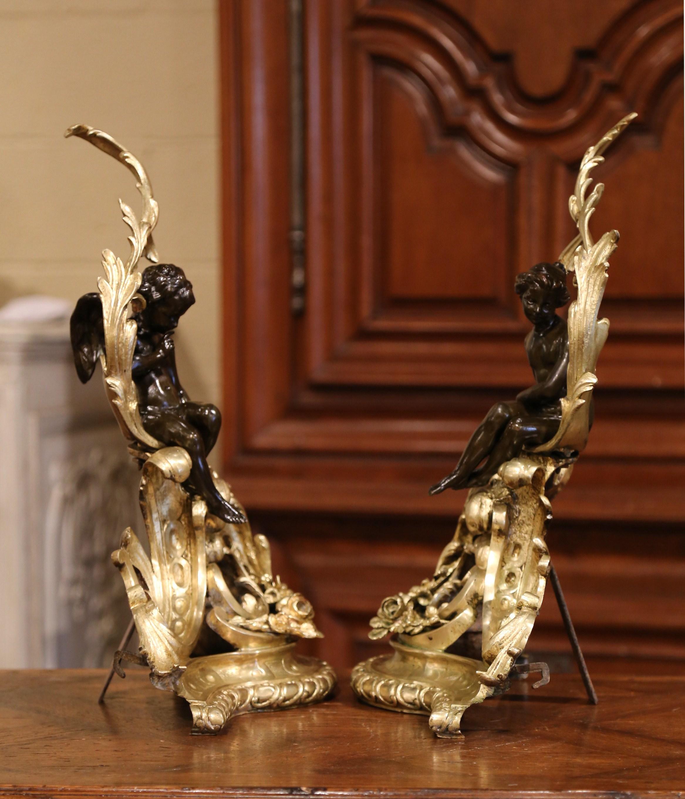 Pair of 19th Century French Louis XV Two-Tone Bronze Andirons with Figures 5