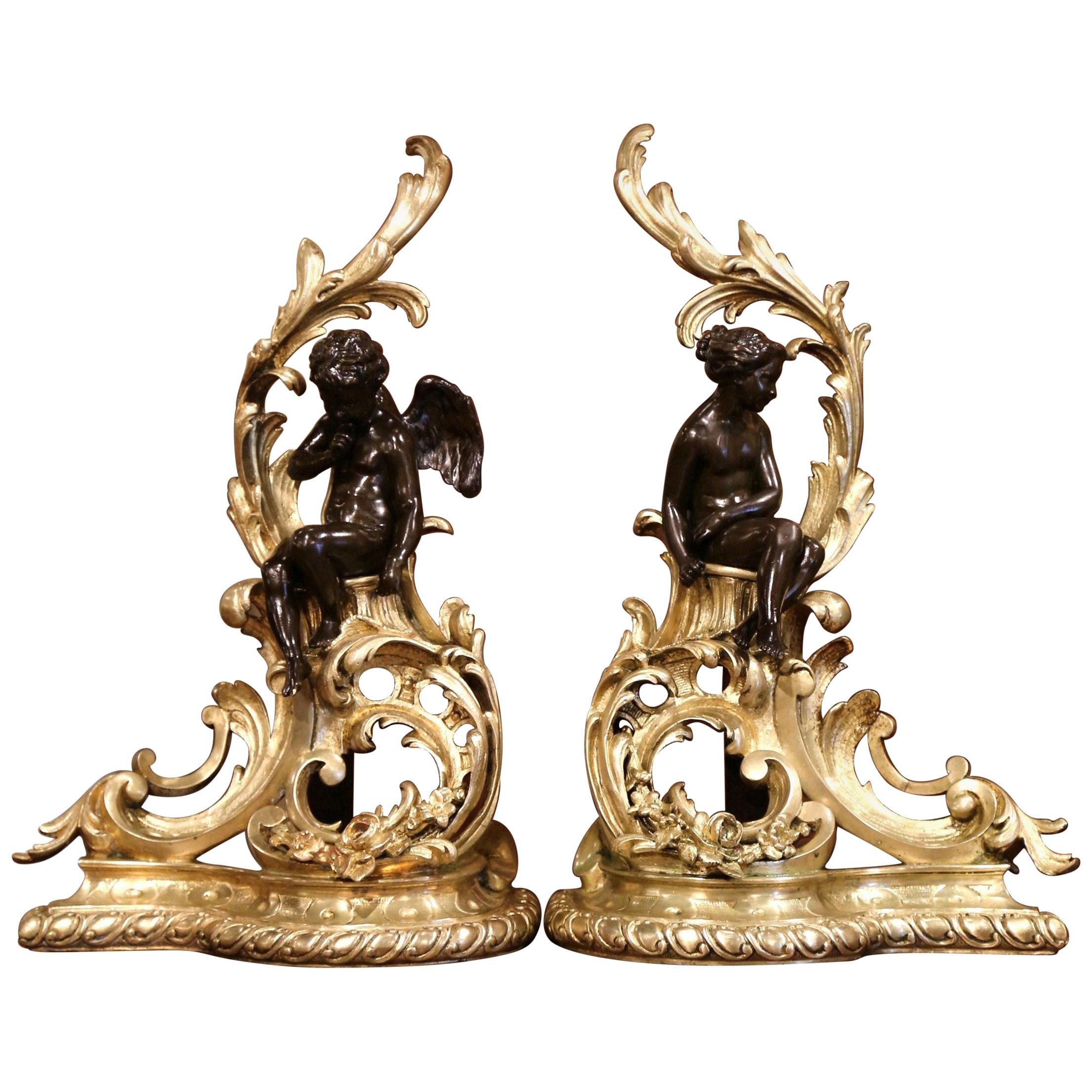 Pair of 19th Century French Louis XV Two-Tone Bronze Andirons with Figures