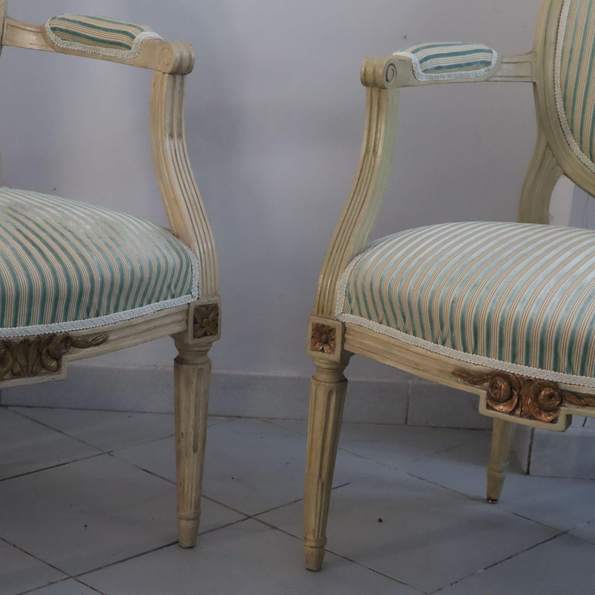 Fabric Pair of 19th Century French Louis XVI Armchairs Dining wood and gold leaf For Sale