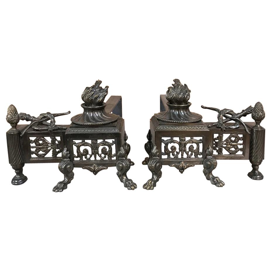 Pair of 19th Century French Louis XVI Bronze Andirons For Sale