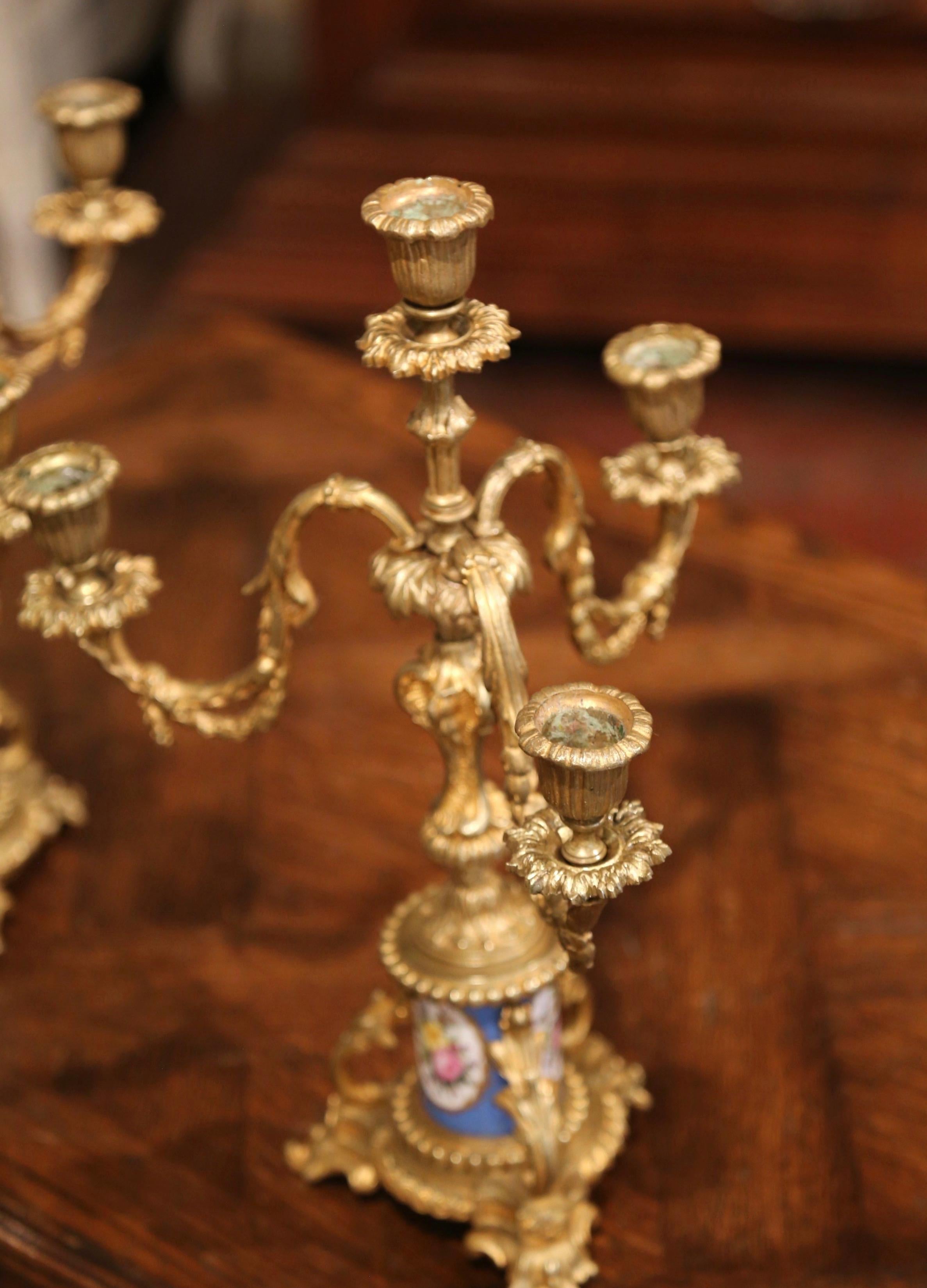 Pair of 19th Century French Louis XVI Bronze Dore and Porcelain Candelabras For Sale 2