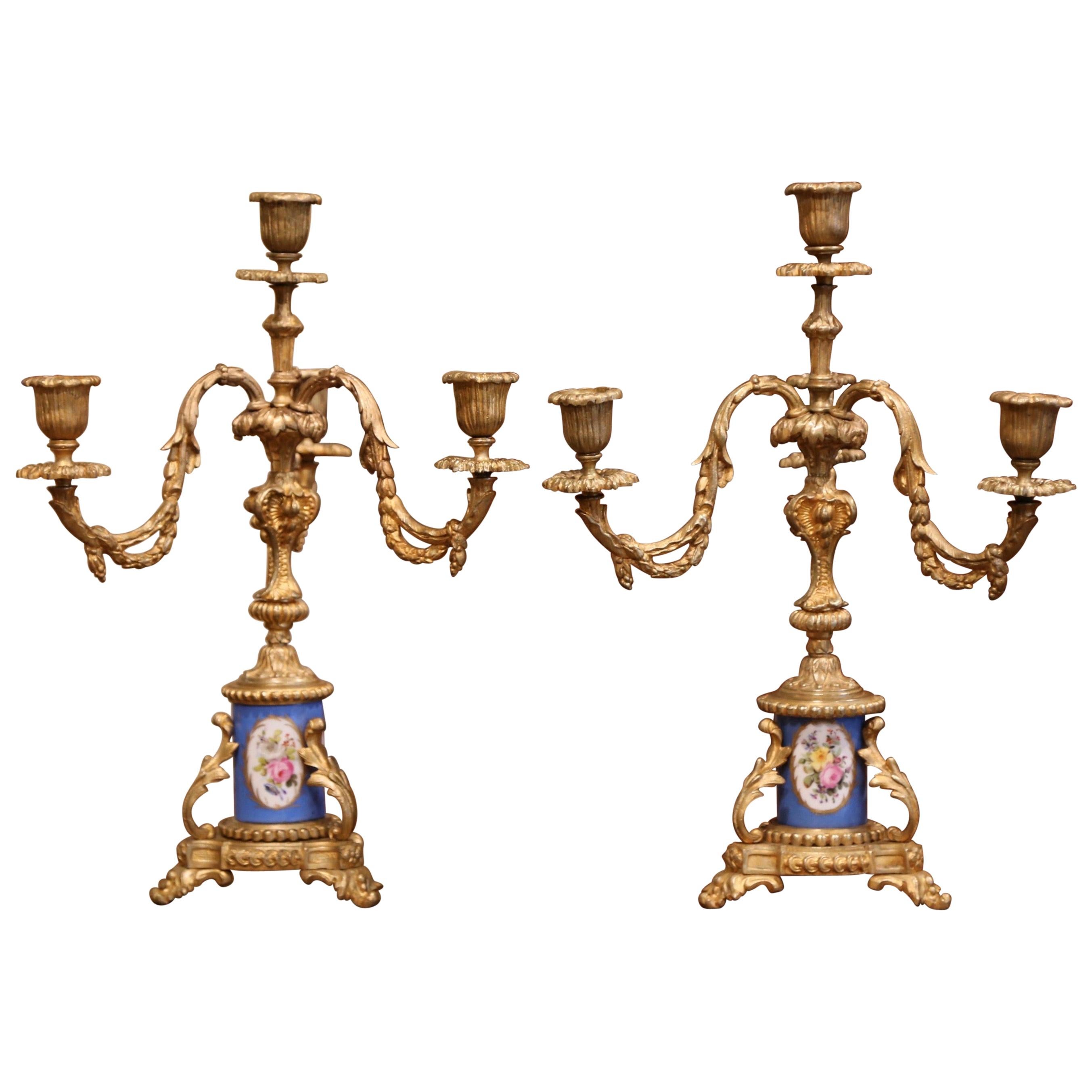 Pair of 19th Century French Louis XVI Bronze Dore and Porcelain Candelabras