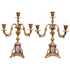 Antique Pair of 19th Century French Louis XVI Bronze Dore and Porcelain Candelabras