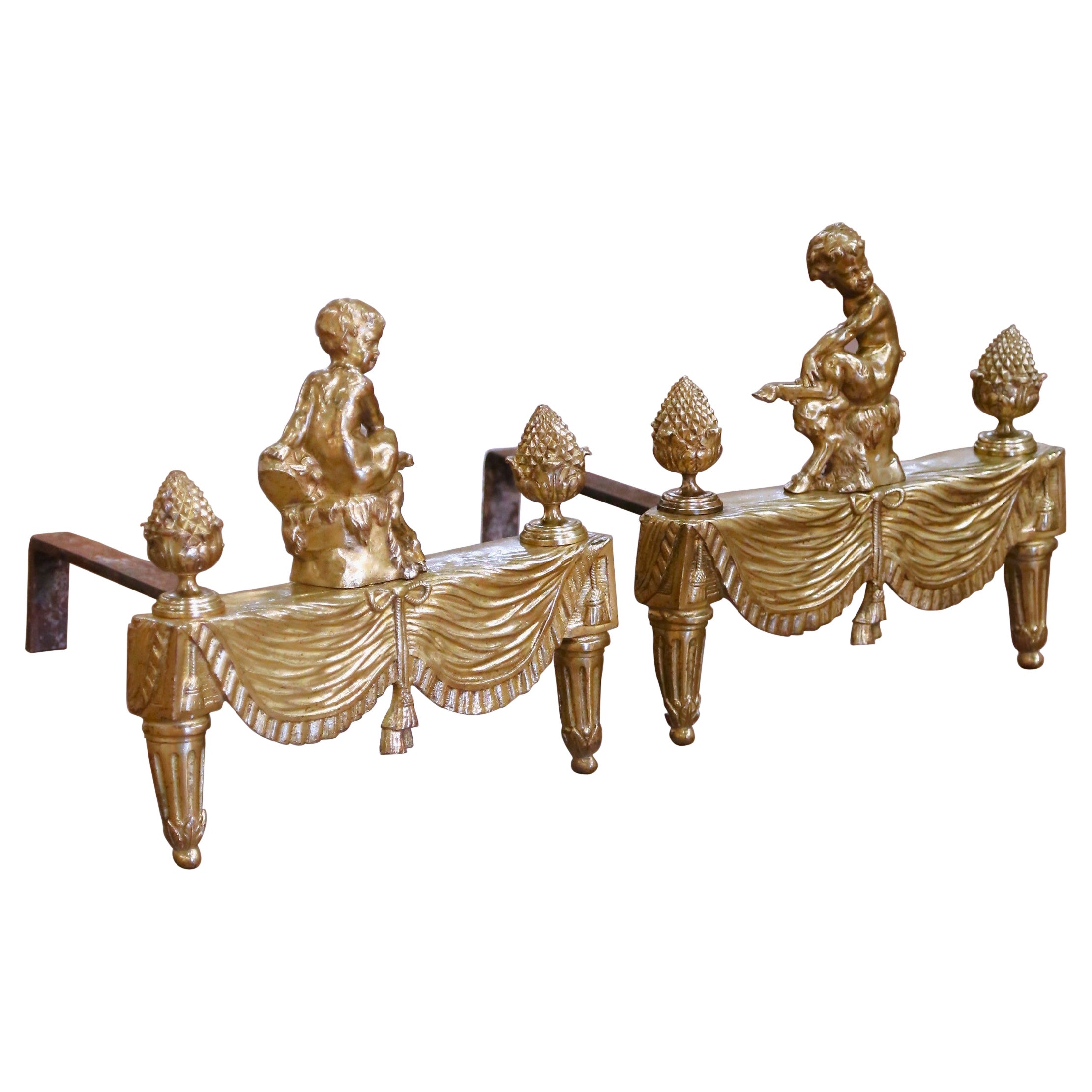 Pareja de Morillos Franceses Luis XVI del Siglo XIX en Bronce Doré con Putti Sentado en venta