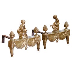 Pair of 19th Century French Louis XVI Bronze Doré Andirons with Seated Putti