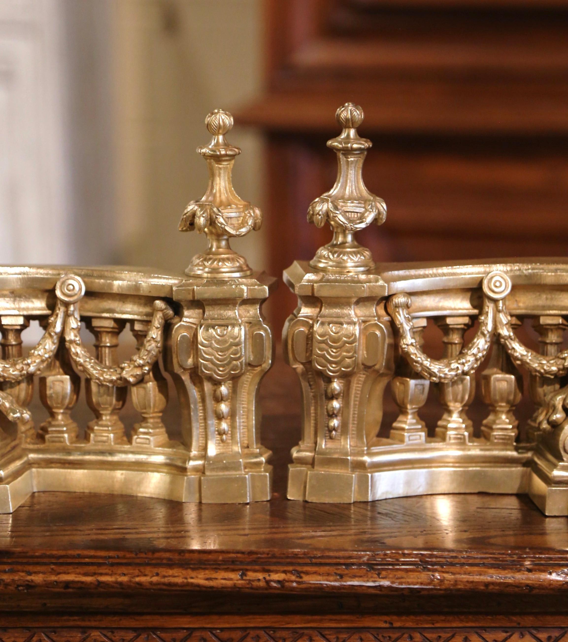 Pair of 19th Century French Louis XVI Bronze Dore Fireplace Chenets In Excellent Condition In Dallas, TX