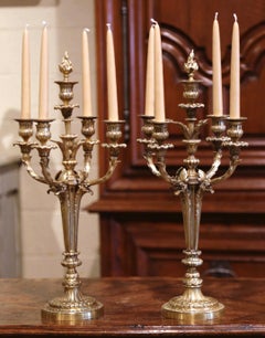 Pair of 19th Century French Louis XVI Bronze Dore Five-Arm Candelabras