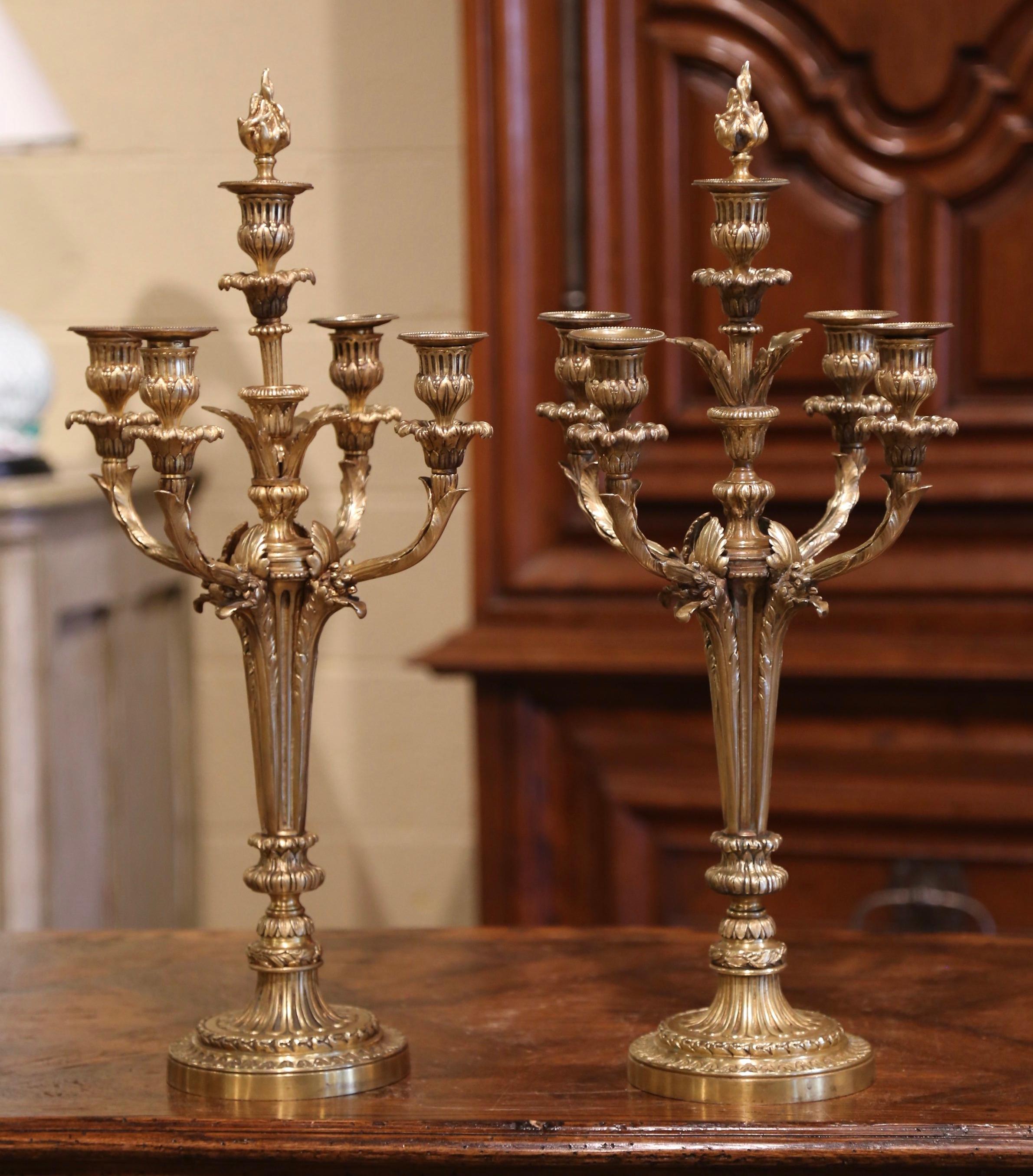 Hand-Crafted Pair of 19th Century French Louis XVI Bronze Dore Five-Arm Candelabras