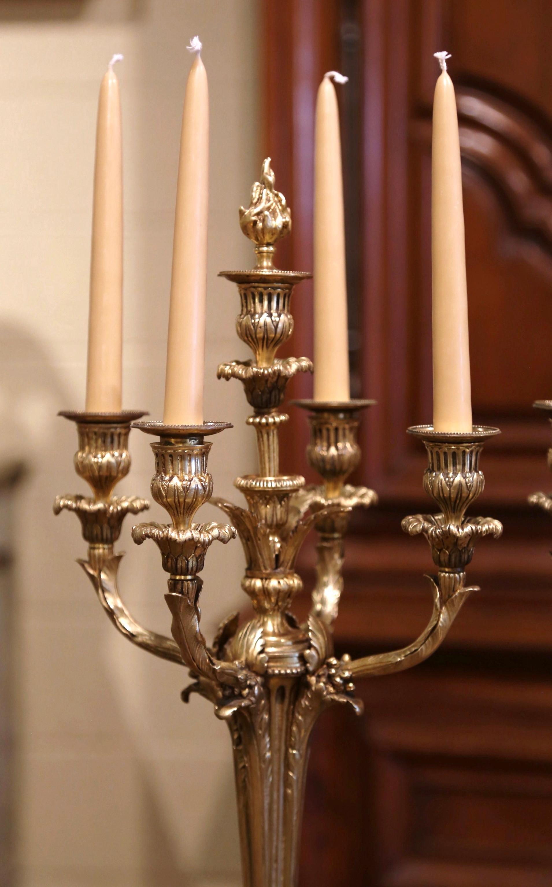 Pair of 19th Century French Louis XVI Bronze Dore Five-Arm Candelabras In Excellent Condition In Dallas, TX