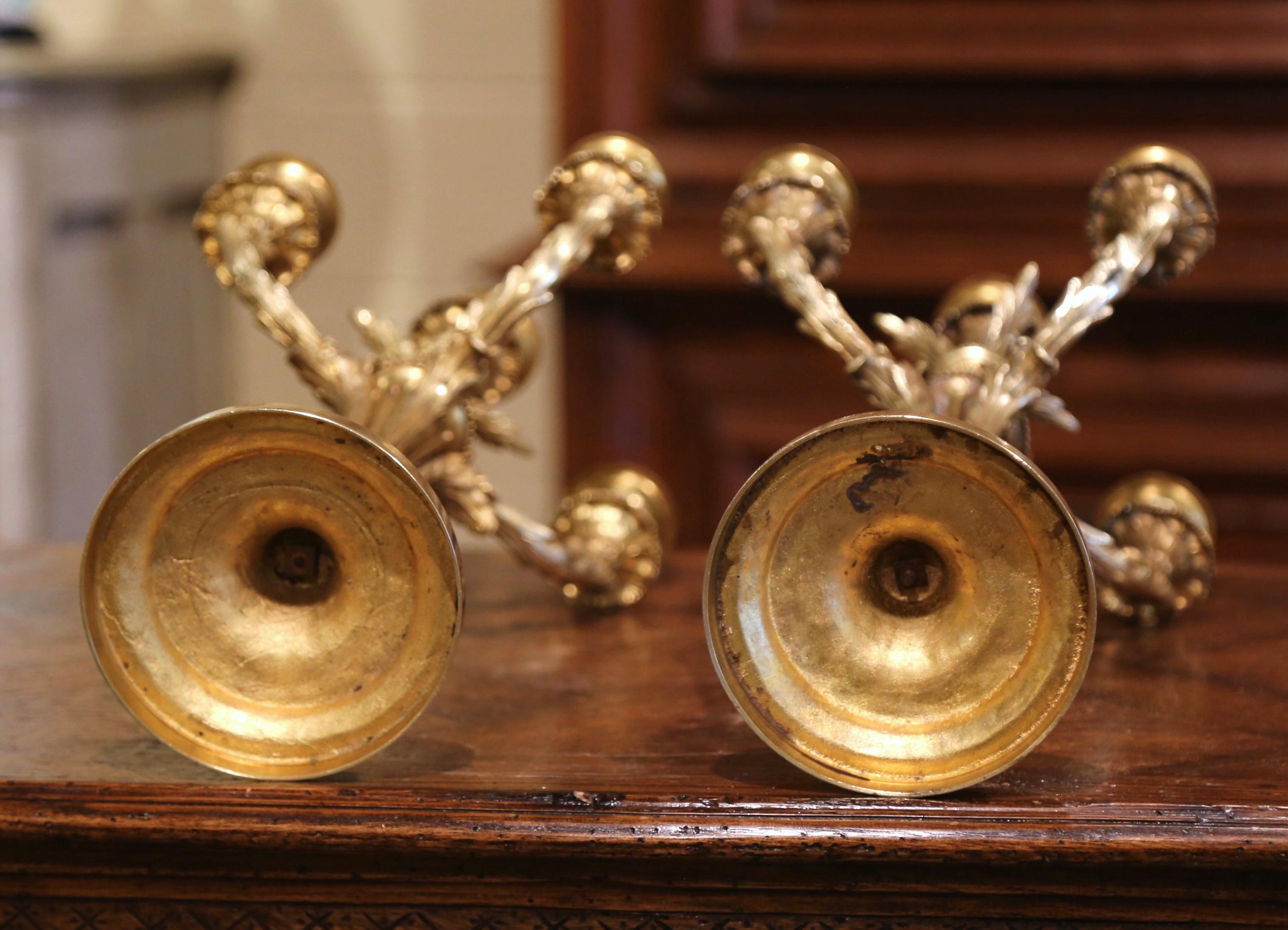 Pair of 19th Century French Louis XVI Bronze Dore Five-Arm Candelabras 5